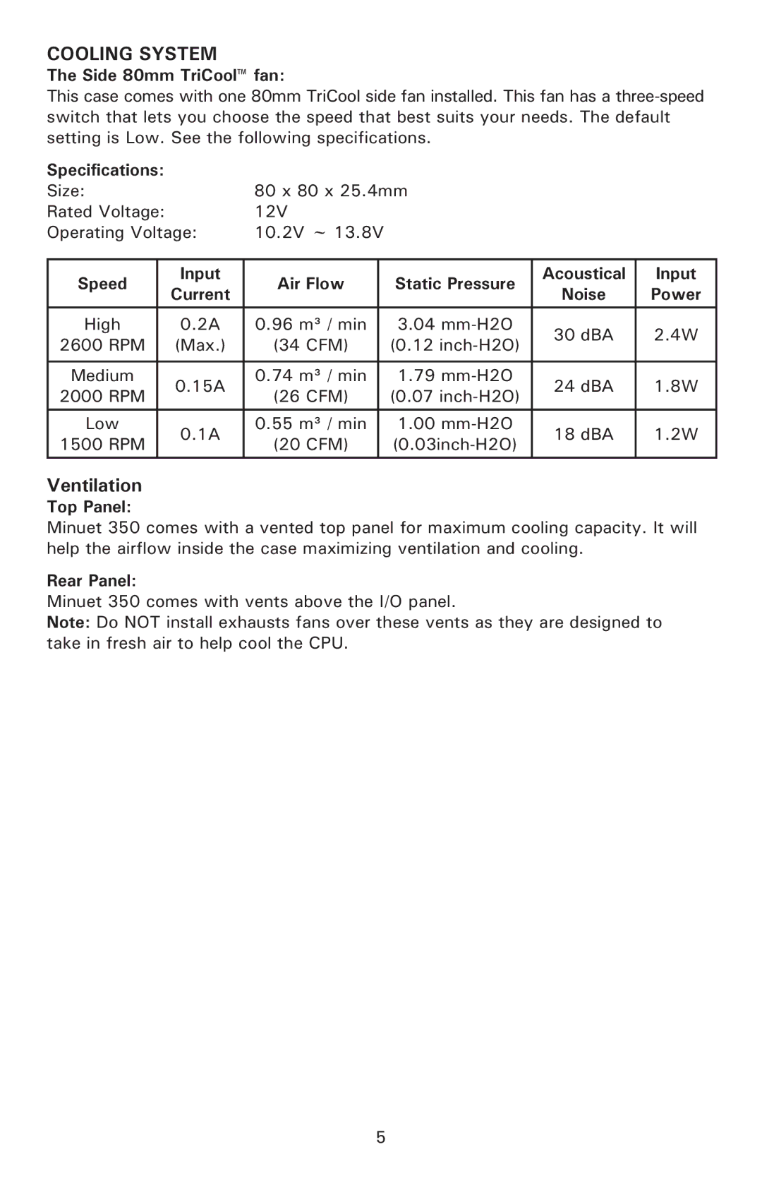 Antec Minuet 350 user manual Side 80mm TriCool fan, Specifications, Input Air Flow, Top Panel, Rear Panel 