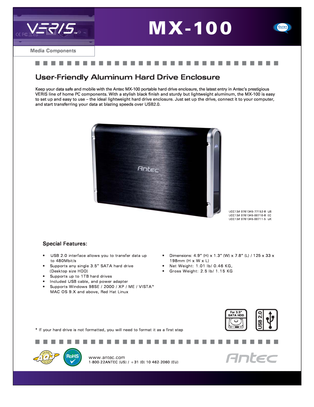 Antec MX-100 dimensions User-Friendly Aluminum Hard Drive Enclosure, Special Features, Media Components 