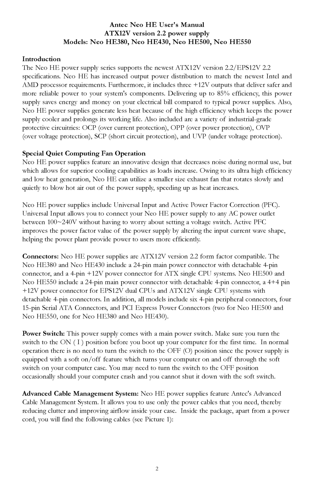 Antec Neo HE430, Neo HE500, Neo HE550, Neo HE380 user manual Special Quiet Computing Fan Operation 