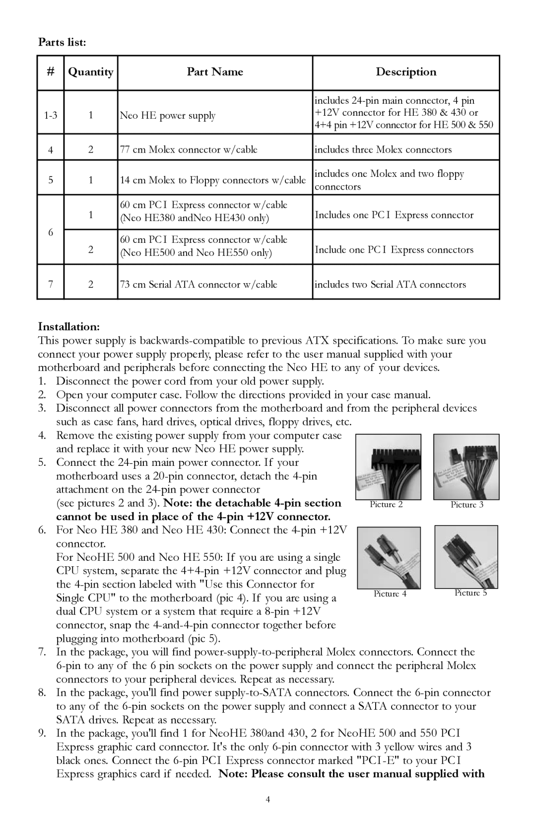 Antec Neo HE500, Neo HE550, Neo HE430, Neo HE380 user manual Parts list Quantity Part Name Description, Installation 