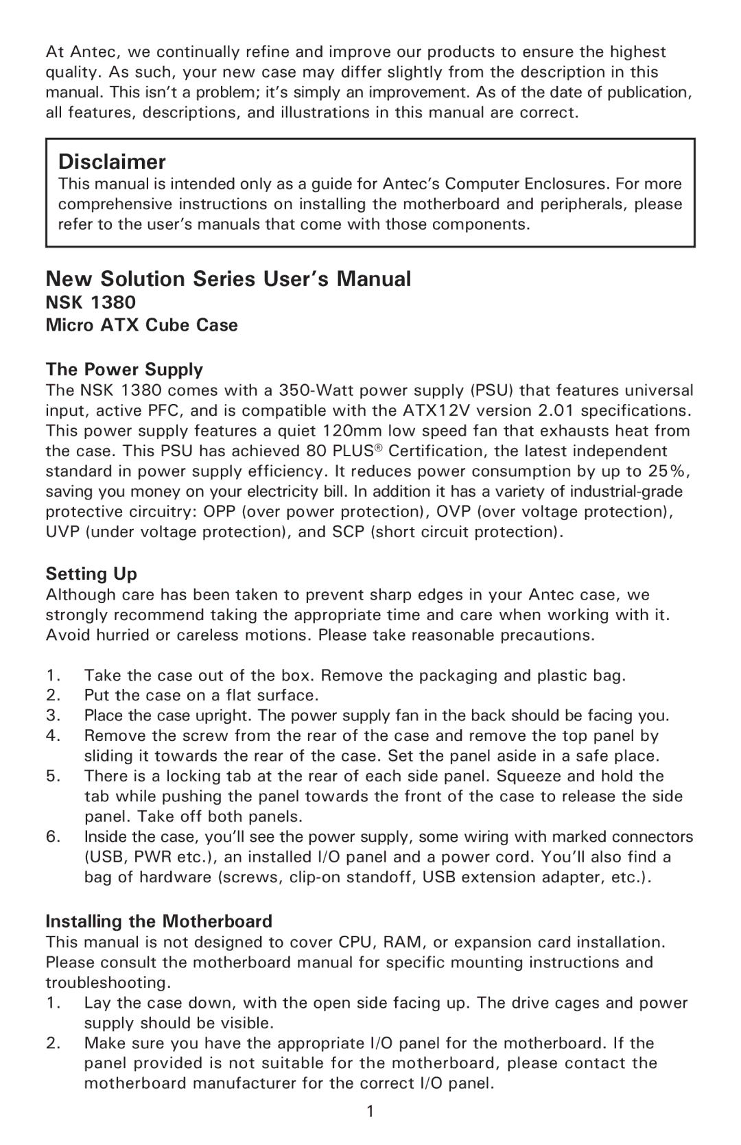 Antec NSK 1380 user manual NSK Micro ATX Cube Case Power Supply, Setting Up, Installing the Motherboard 