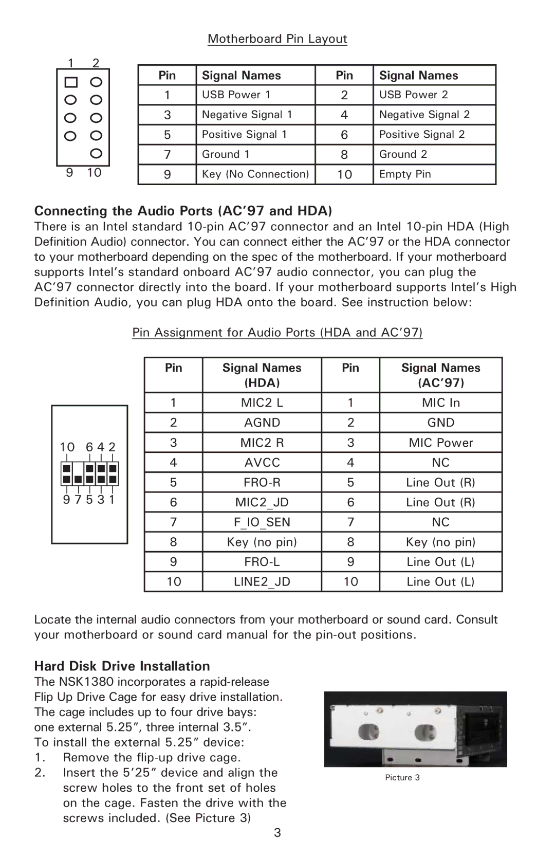 Antec NSK 1380 user manual Connecting the Audio Ports AC’97 and HDA, Hard Disk Drive Installation 