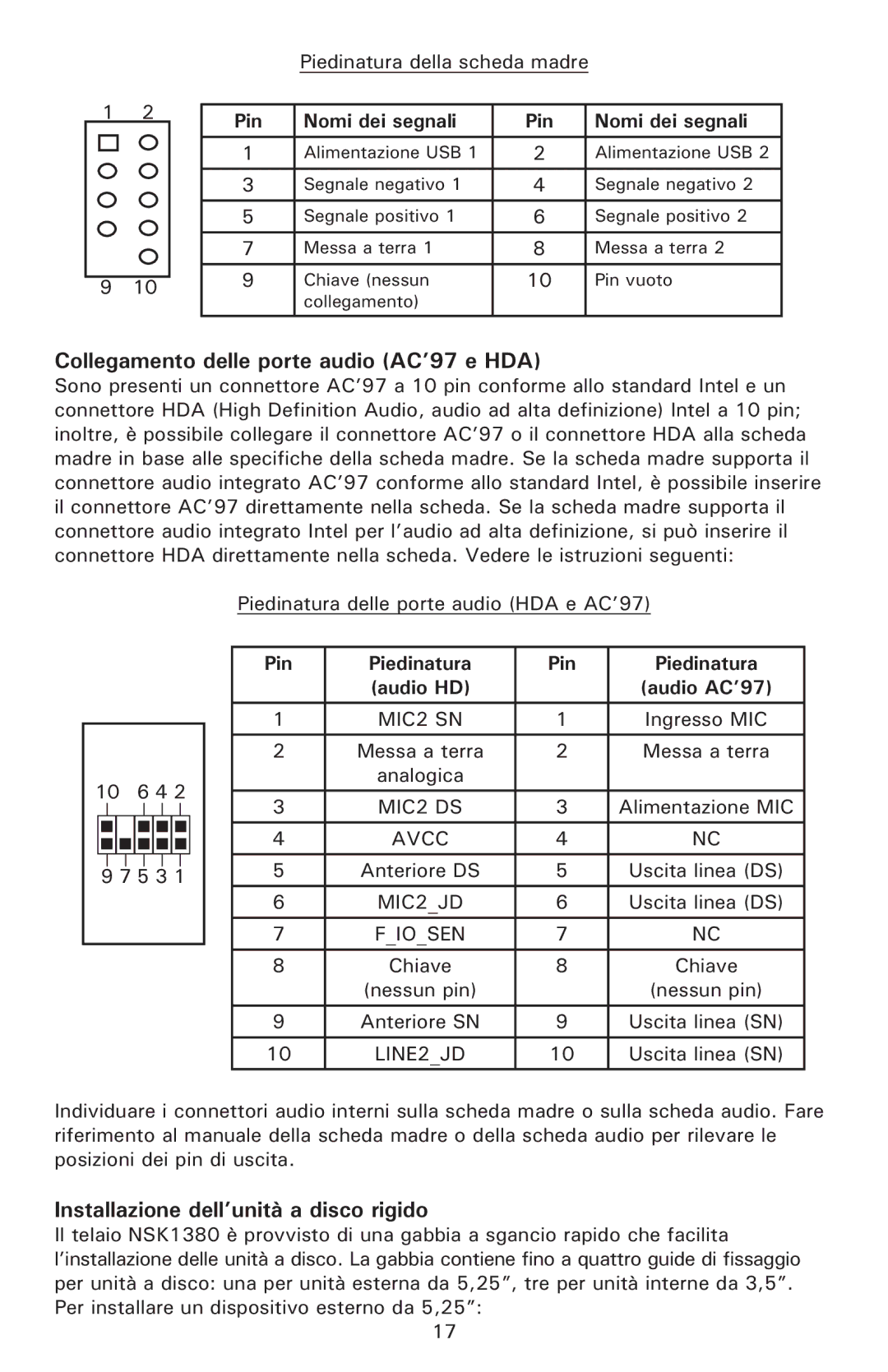 Antec NSK 1380 Collegamento delle porte audio AC’97 e HDA, Installazione dell’unità a disco rigido, Nomi dei segnali Pin 