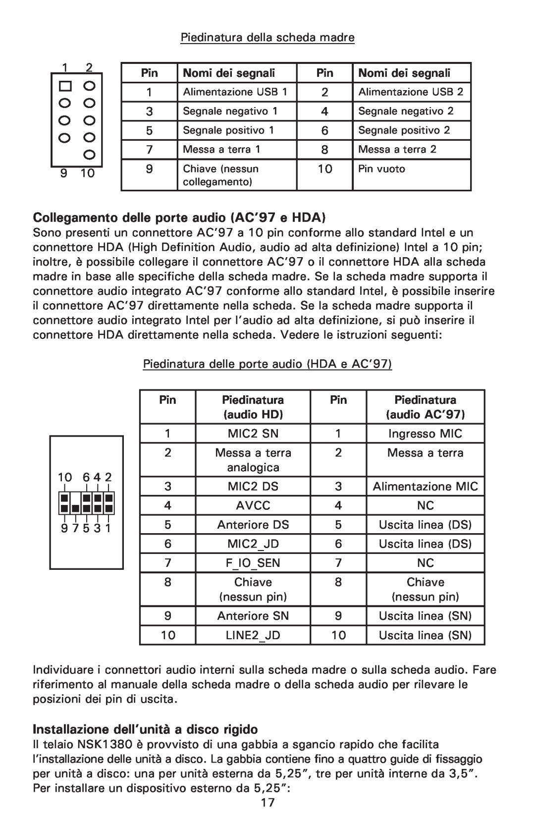 Antec NSK 1380 Collegamento delle porte audio AC’97 e HDA, Installazione dell’unità a disco rigido, Nomi dei segnali 