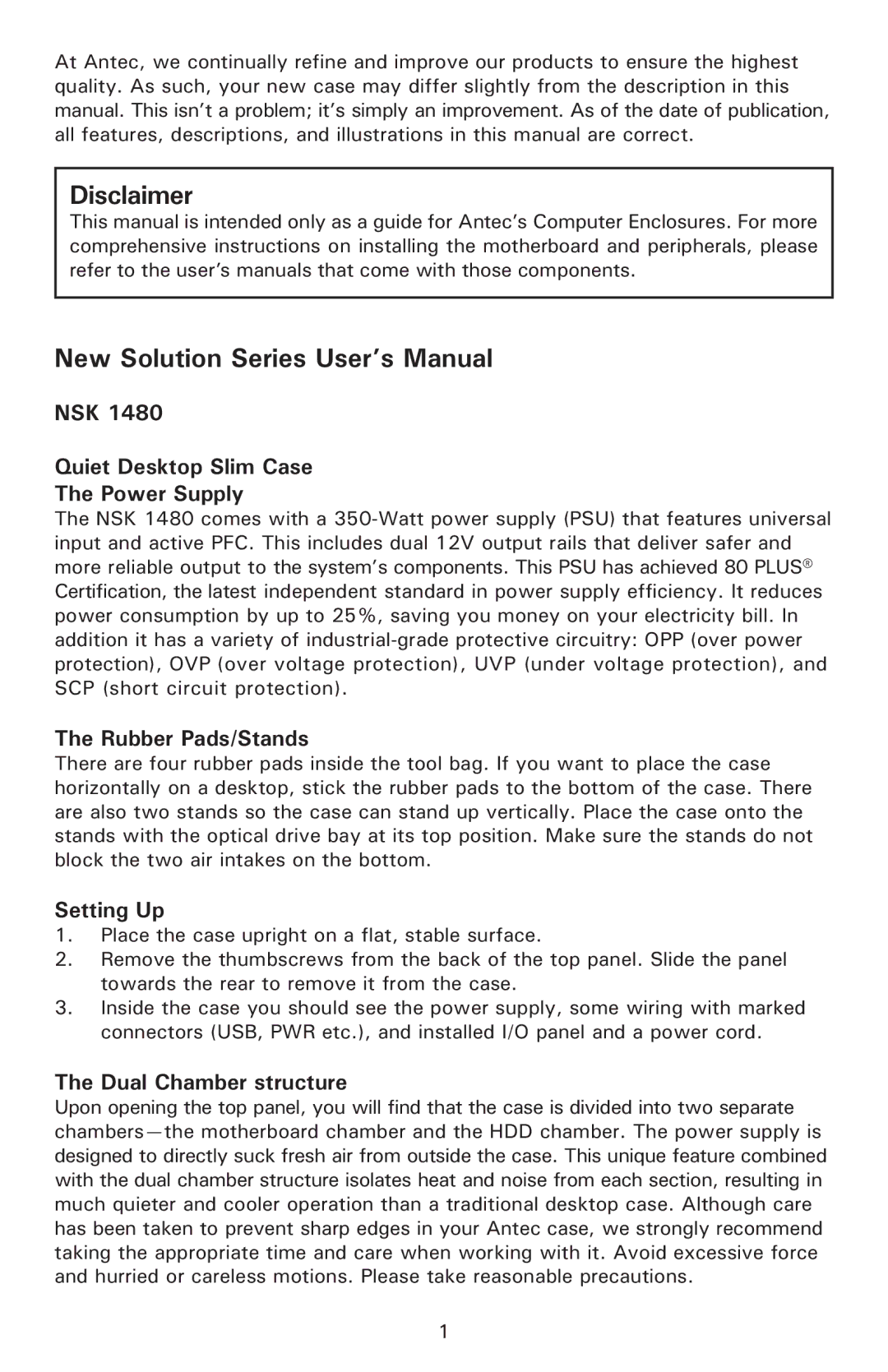 Antec NSK 1480 user manual NSK Quiet Desktop Slim Case Power Supply, Rubber Pads/Stands, Setting Up, Dual Chamber structure 