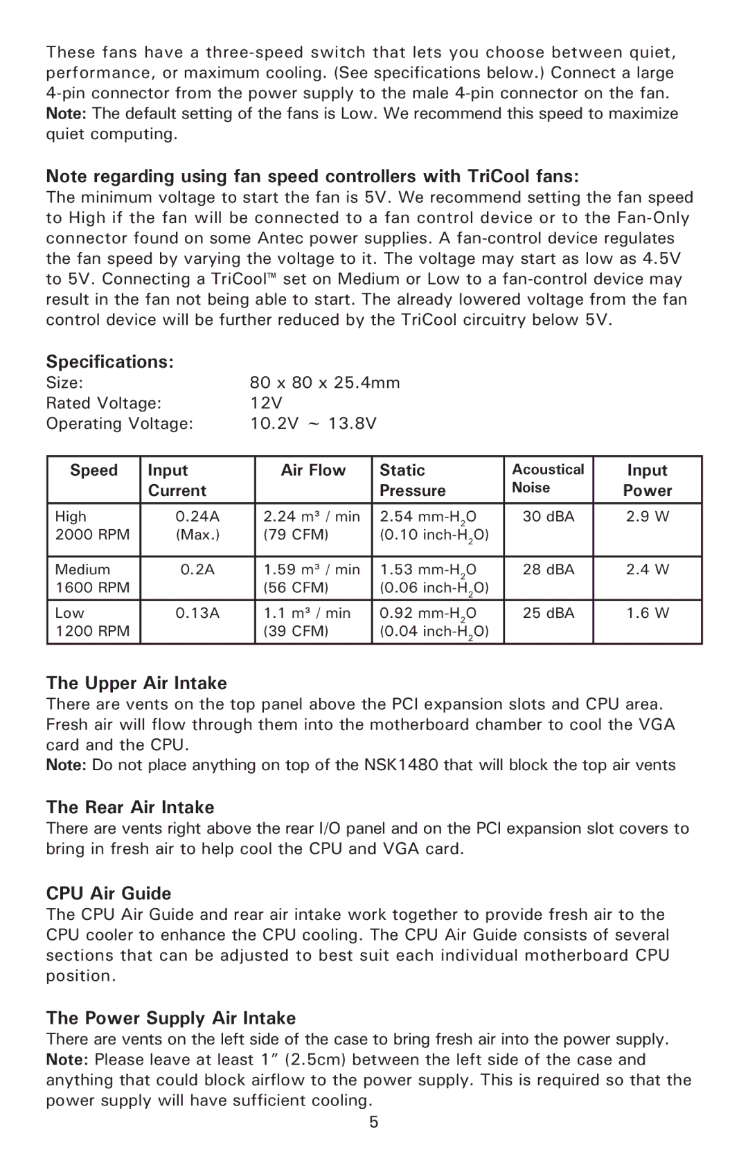 Antec NSK 1480 user manual Specifications, Upper Air Intake, Rear Air Intake, CPU Air Guide, Power Supply Air Intake 