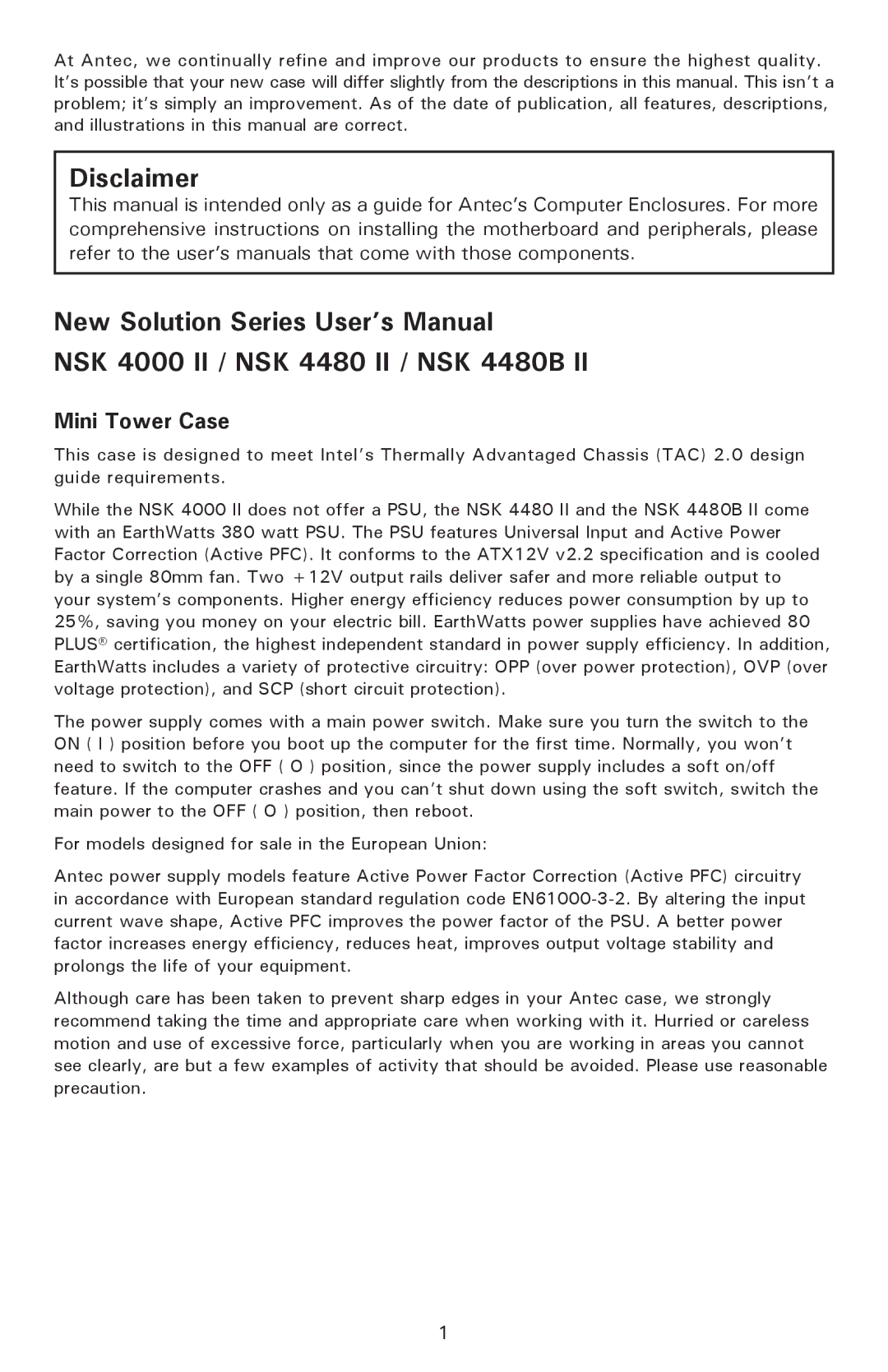 Antec NSK 4000 II user manual Disclaimer, Mini Tower Case 