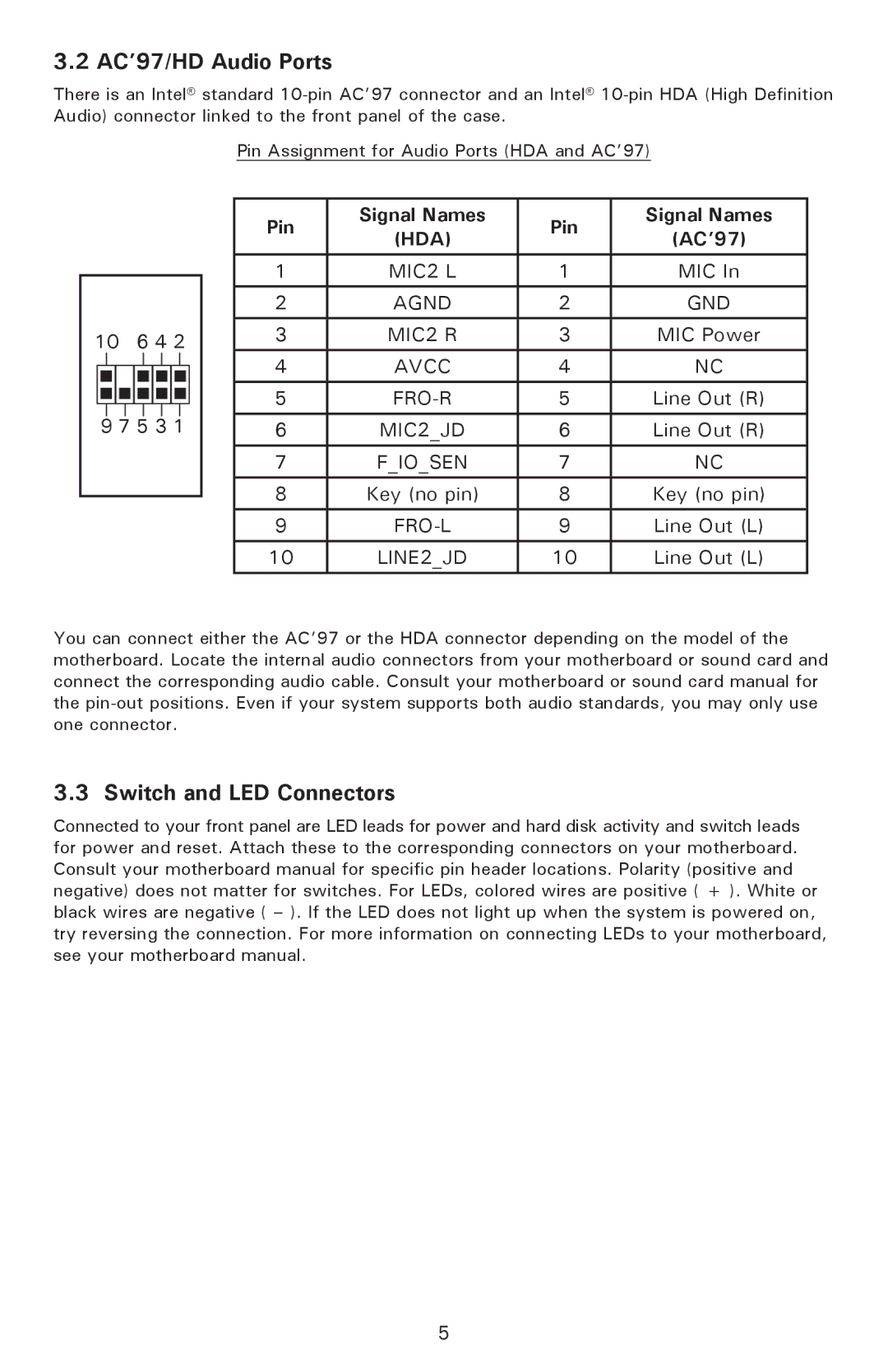 Antec NSK 4000 II user manual AC’97/HD Audio Ports, Switch and LED Connectors 