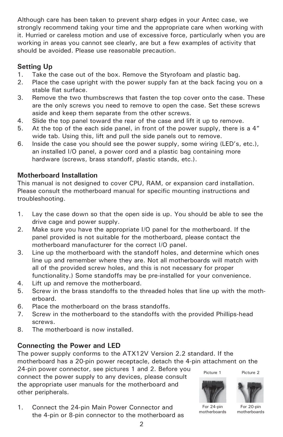 Antec NSK 4480B, NSK 4000 user manual Setting Up, Motherboard Installation, Connecting the Power and LED 