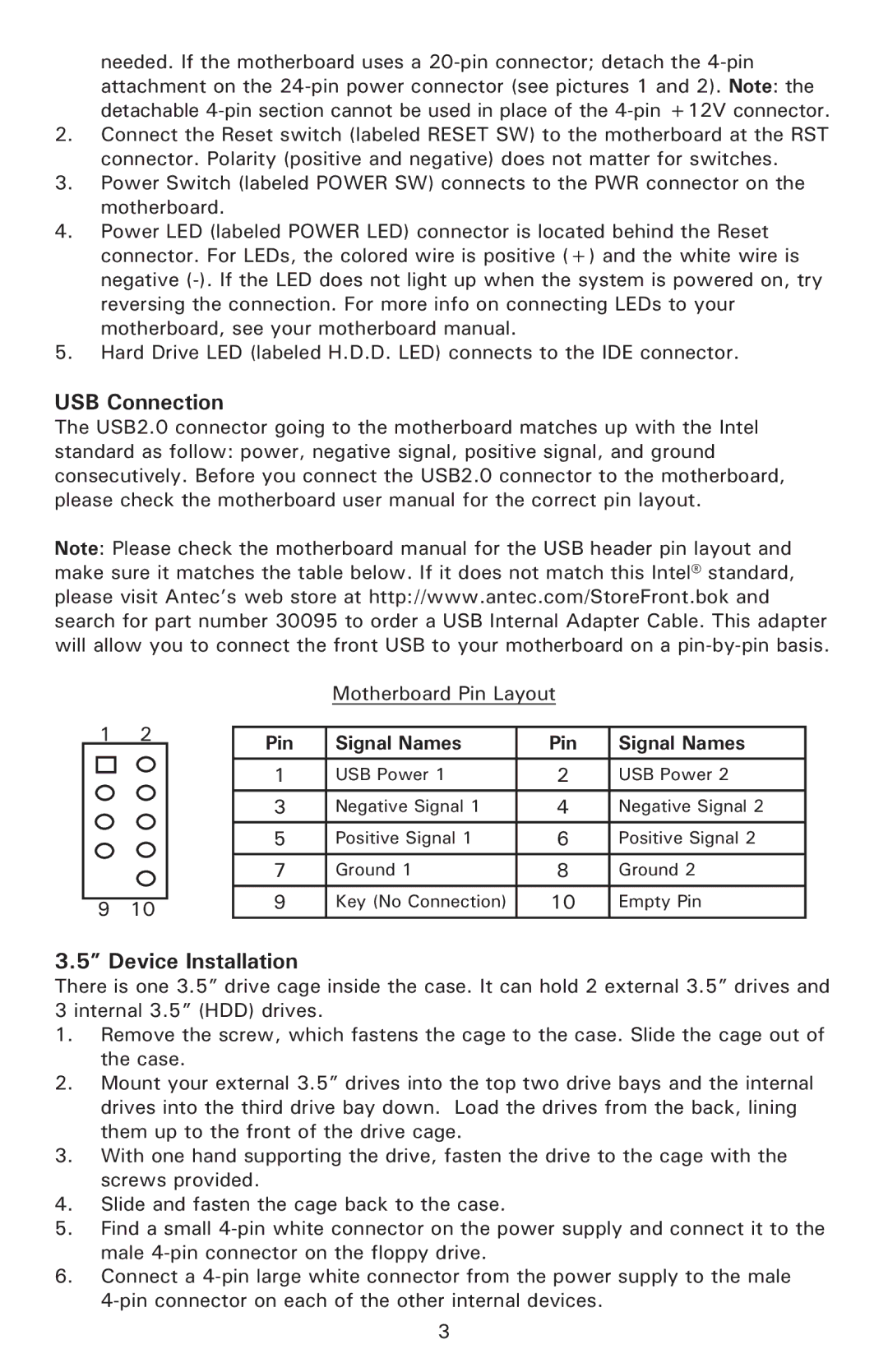 Antec NSK 4000, NSK 4480B user manual USB Connection, Device Installation, Signal Names Pin 