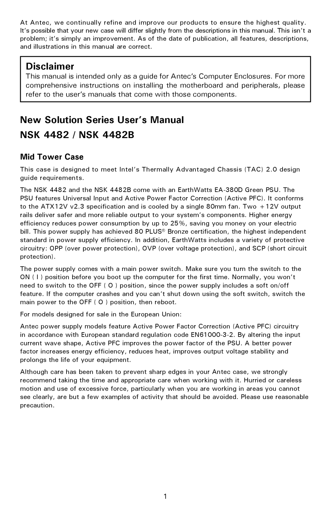 Antec NSK 4482B user manual Disclaimer, Mid Tower Case 