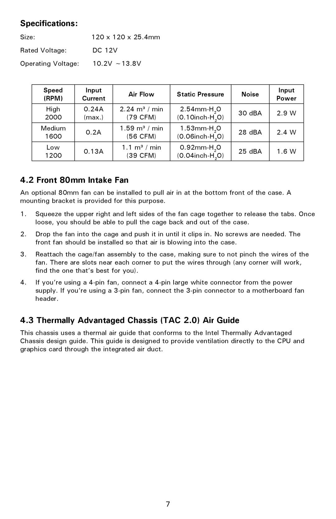 Antec NSK 4482B user manual Specifications, Front 80mm Intake Fan, Thermally Advantaged Chassis TAC 2.0 Air Guide 