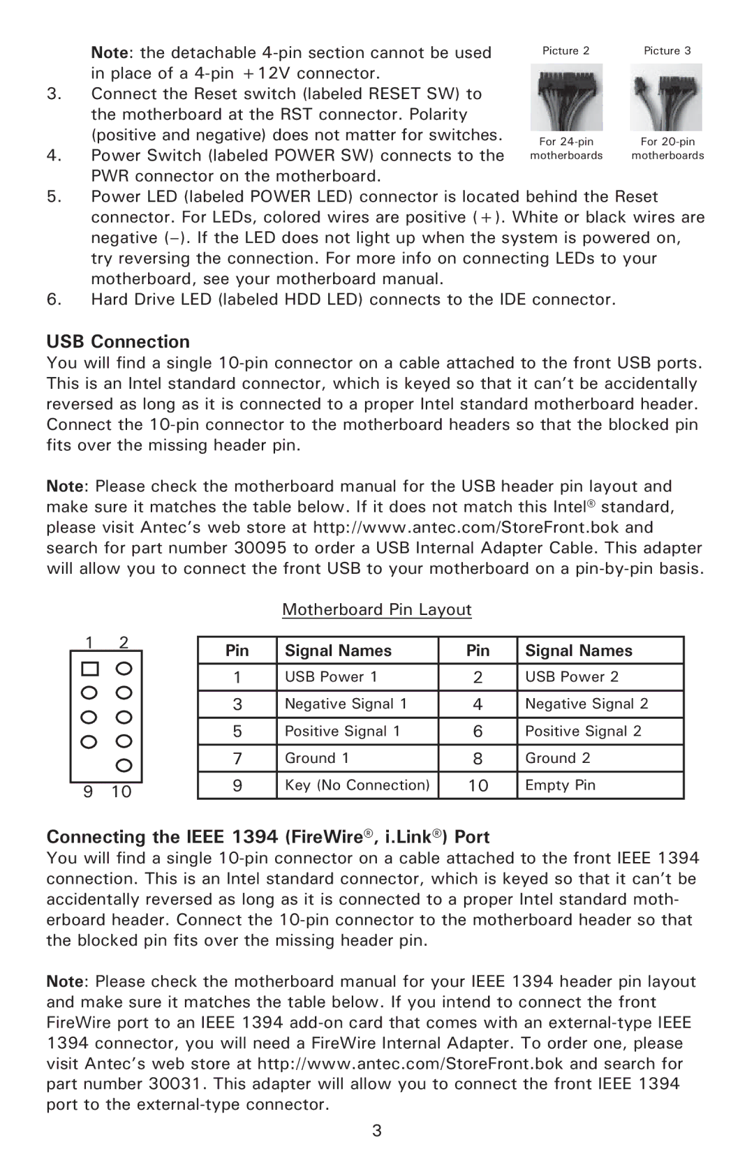 Antec NSK3480 user manual USB Connection, Connecting the Ieee 1394 FireWire, i.Link Port, Signal Names Pin 