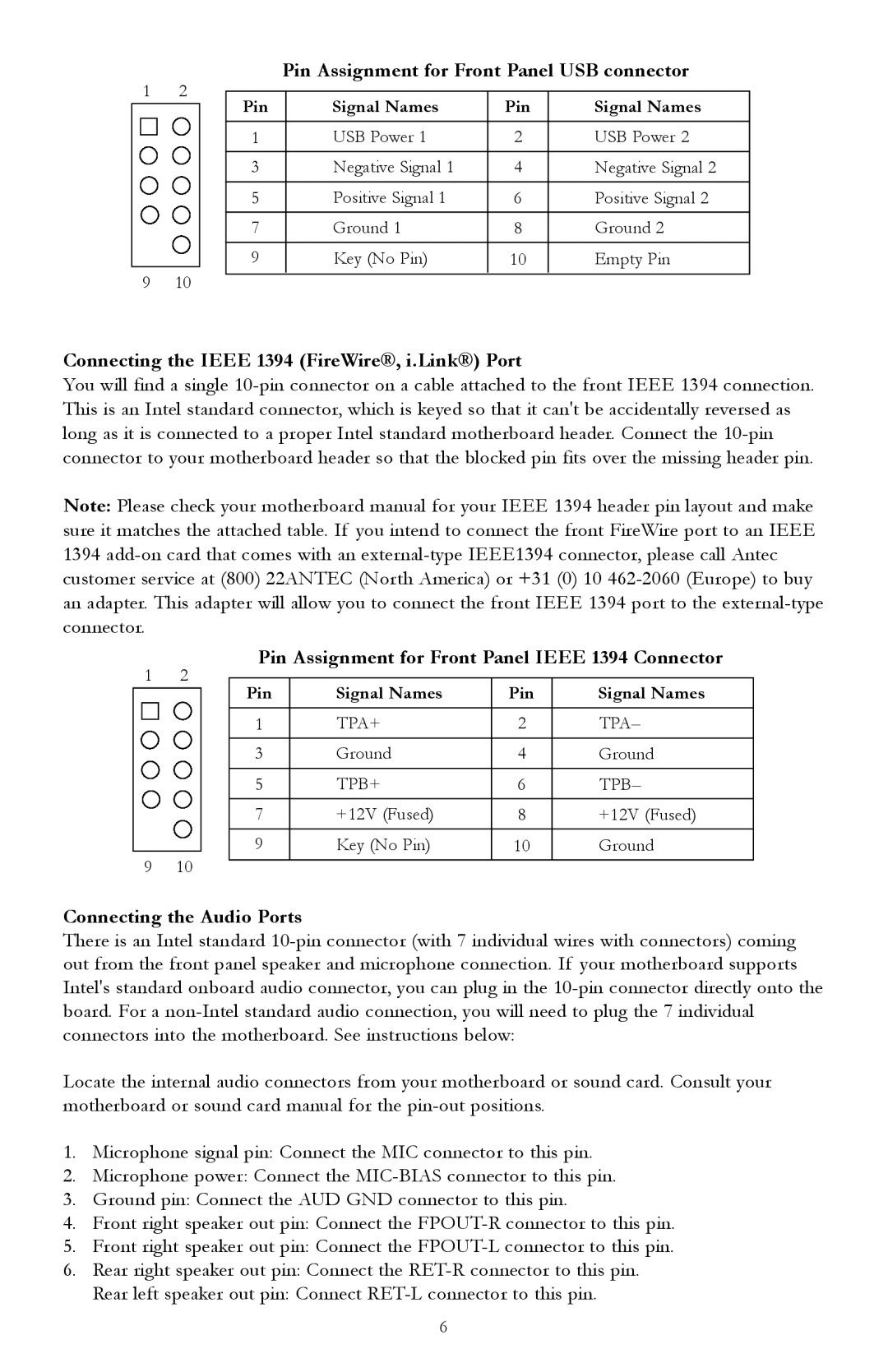 Antec P150 user manual Pin Assignment for Front Panel USB connector, Connecting the Ieee 1394 FireWire, i.Link Port 