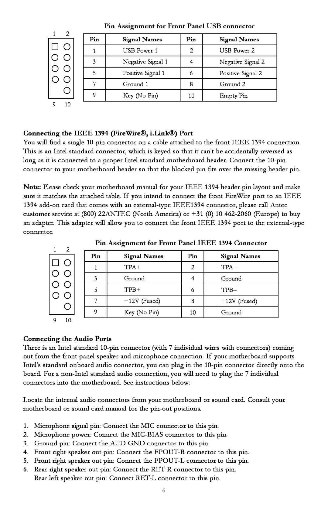 Antec P150 user manual Pin Assignment for Front Panel USB connector, Connecting the IEEE 1394 FireWire, i.Link Port 