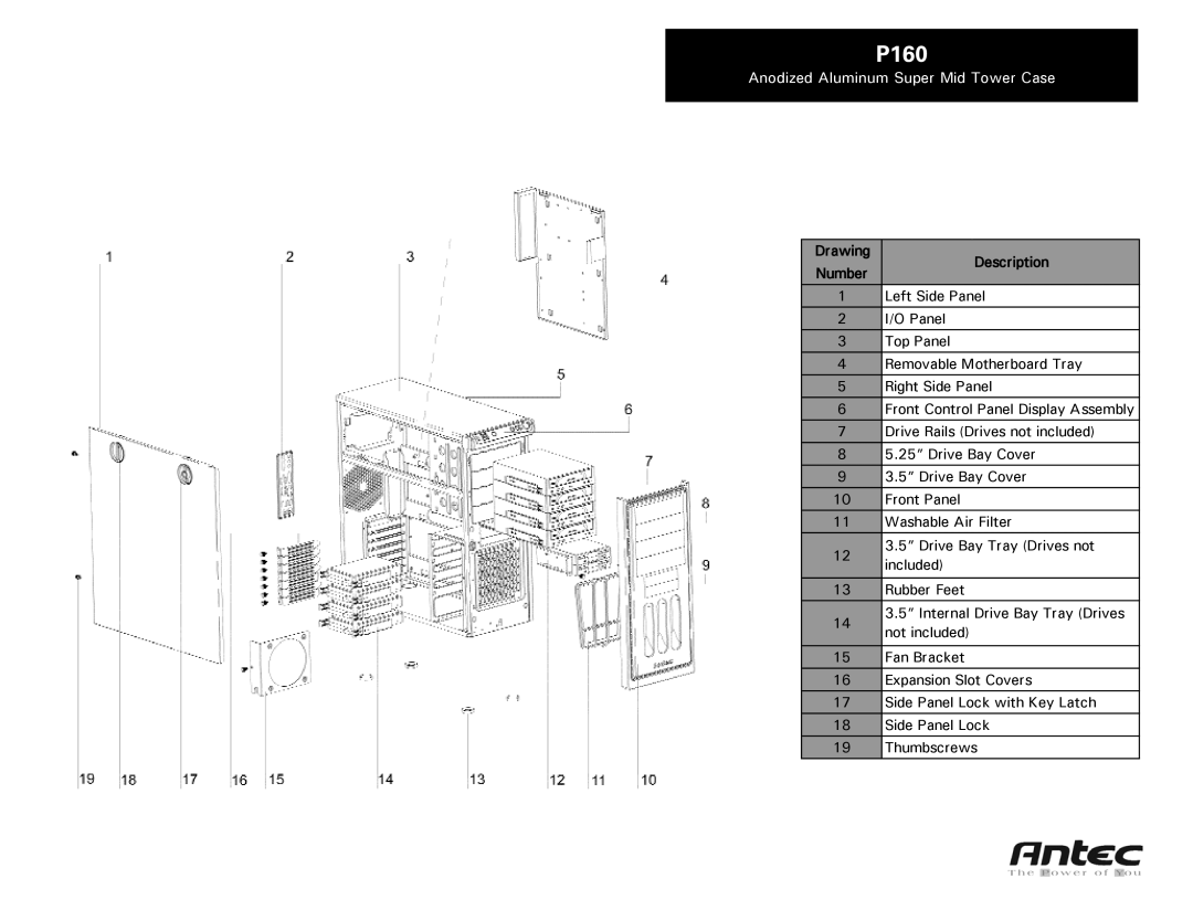 Antec P160 manual Drawing Description Number 