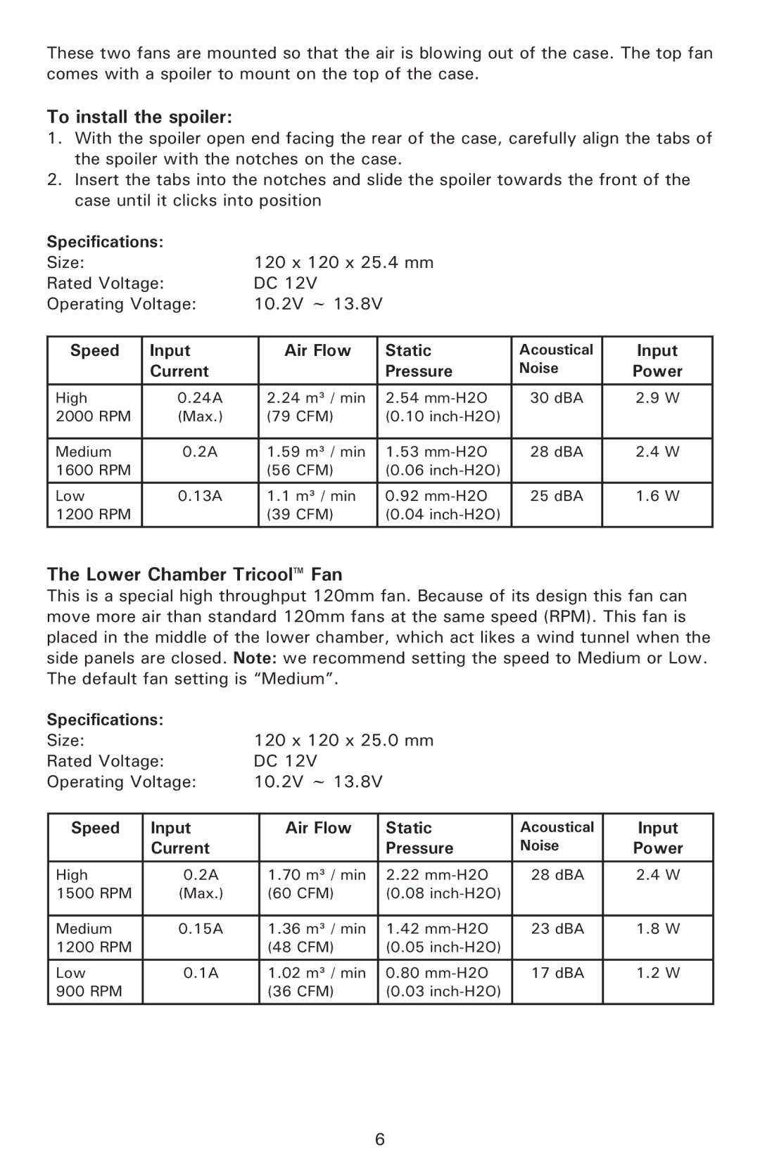 Antec P180B Fan user manual To install the spoiler, Lower Chamber Tricool Fan 