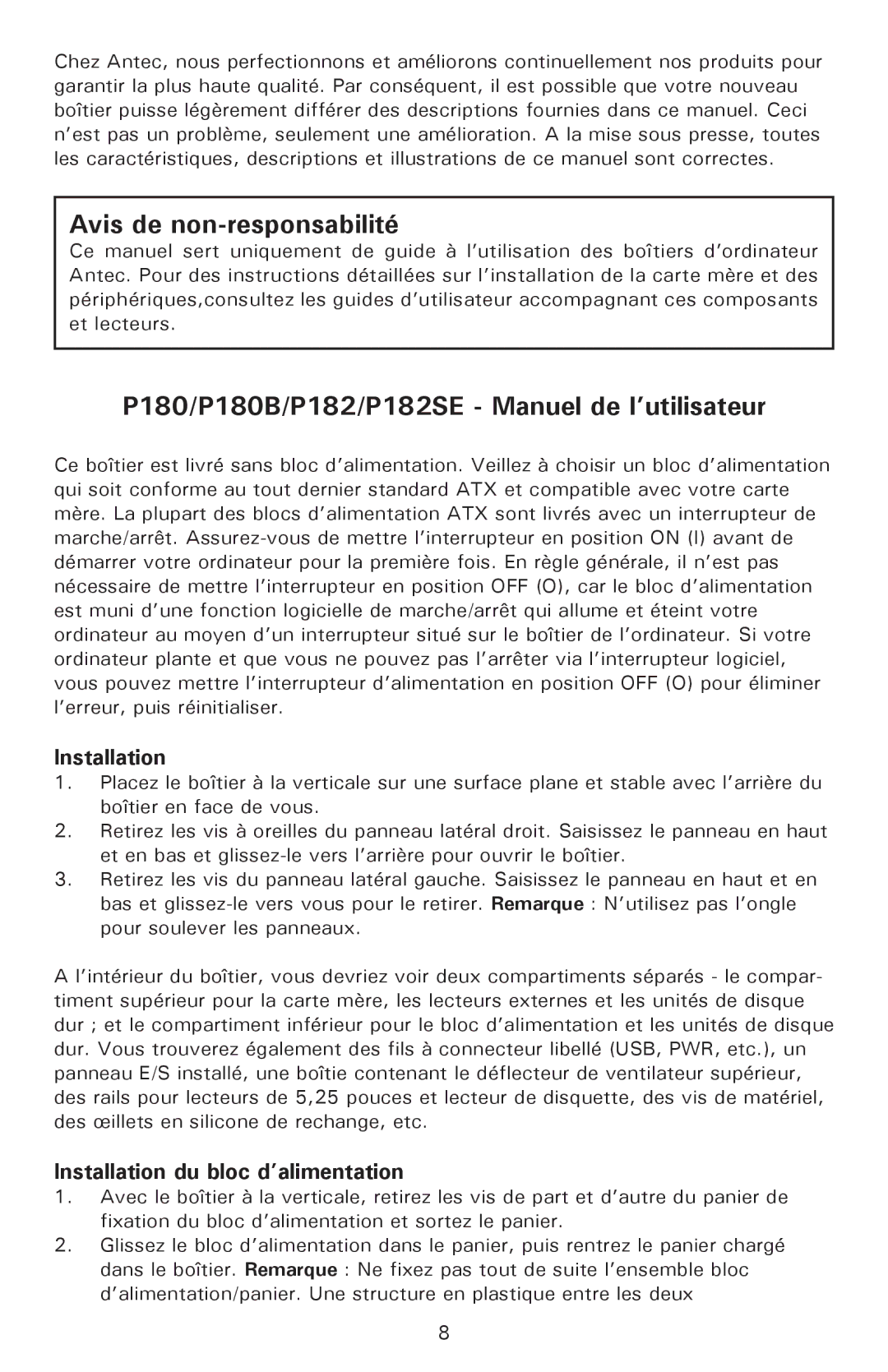 Antec P180, P182SE user manual Installation du bloc d’alimentation 