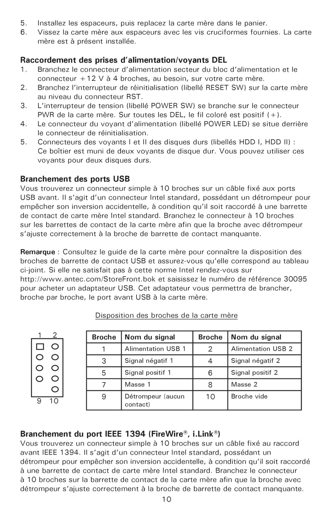 Antec P182SE, P180 Raccordement des prises d’alimentation/voyants DEL, Branchement des ports USB, Nom du signal Broche 