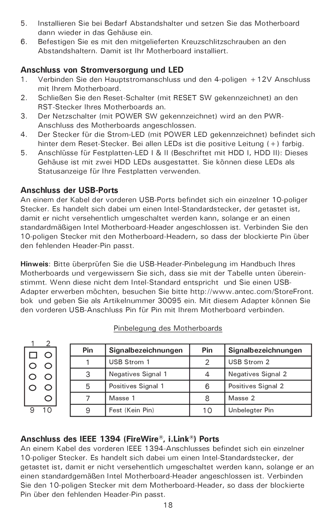 Antec P182 Anschluss von Stromversorgung und LED, Anschluss der USB-Ports, Anschluss des Ieee 1394 FireWire, i.Link Ports 