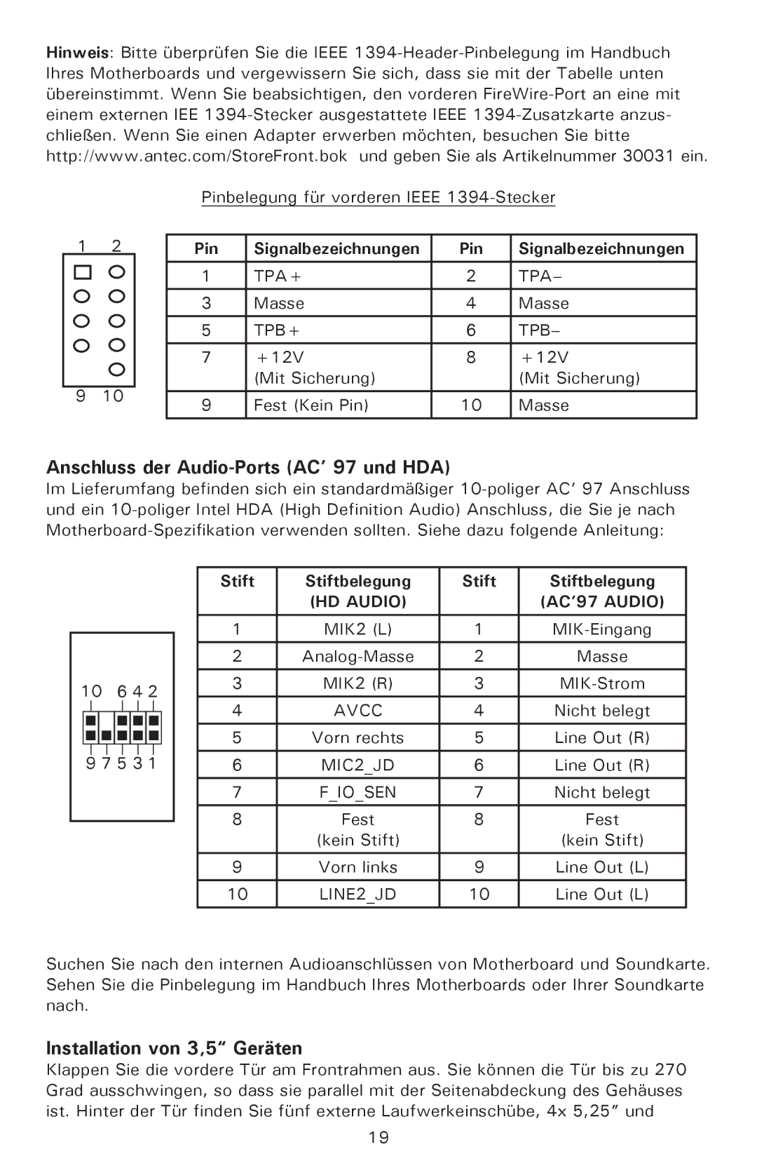 Antec P182SE, P180 user manual Anschluss der Audio-Ports AC’ 97 und HDA, Installation von 3,5 Geräten, Stift Stiftbelegung 