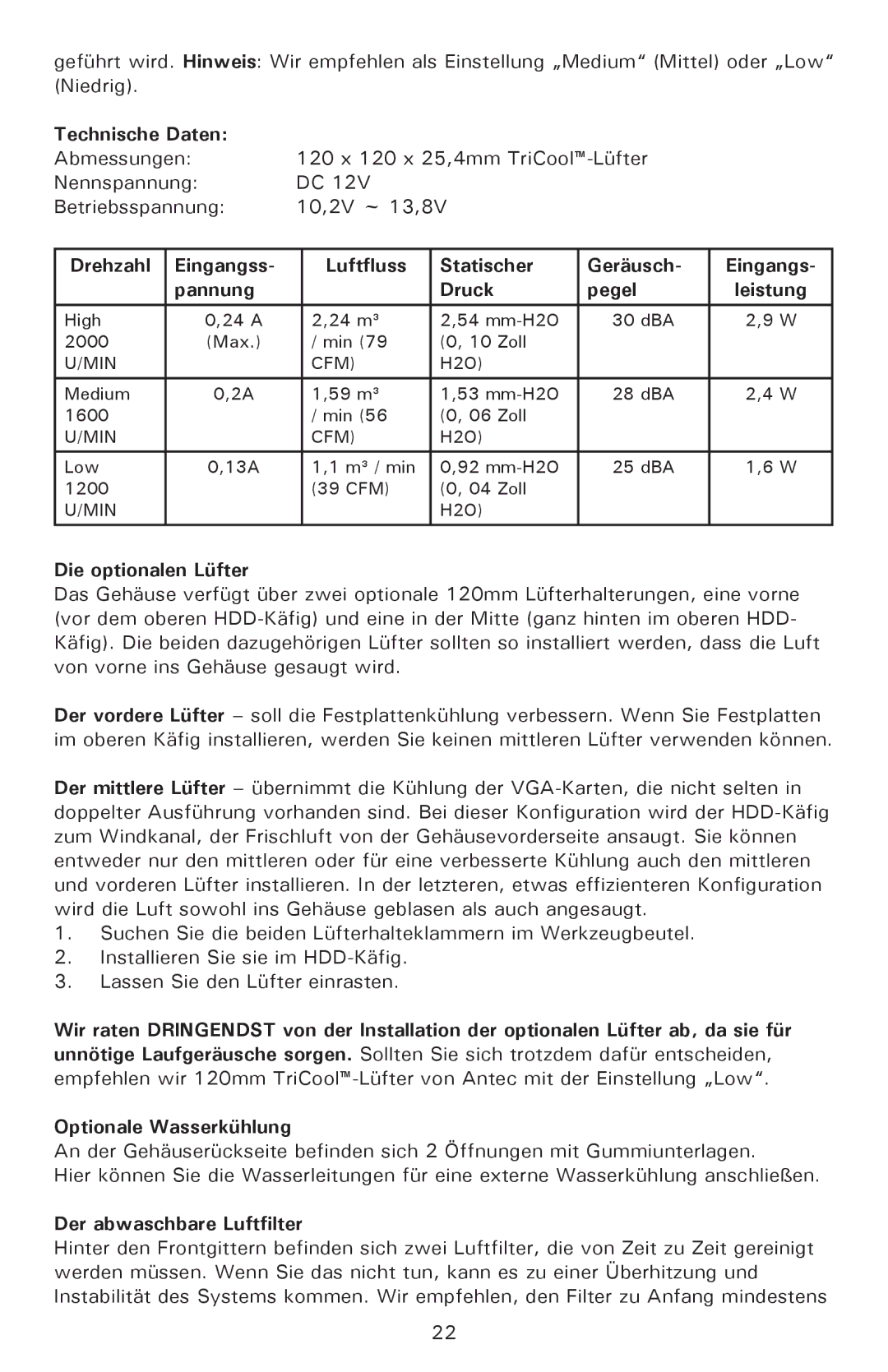 Antec P182SE, P180 user manual Technische Daten, Drehzahl Eingangss Luftfluss Statischer Geräusch, Pannung Druck Pegel 