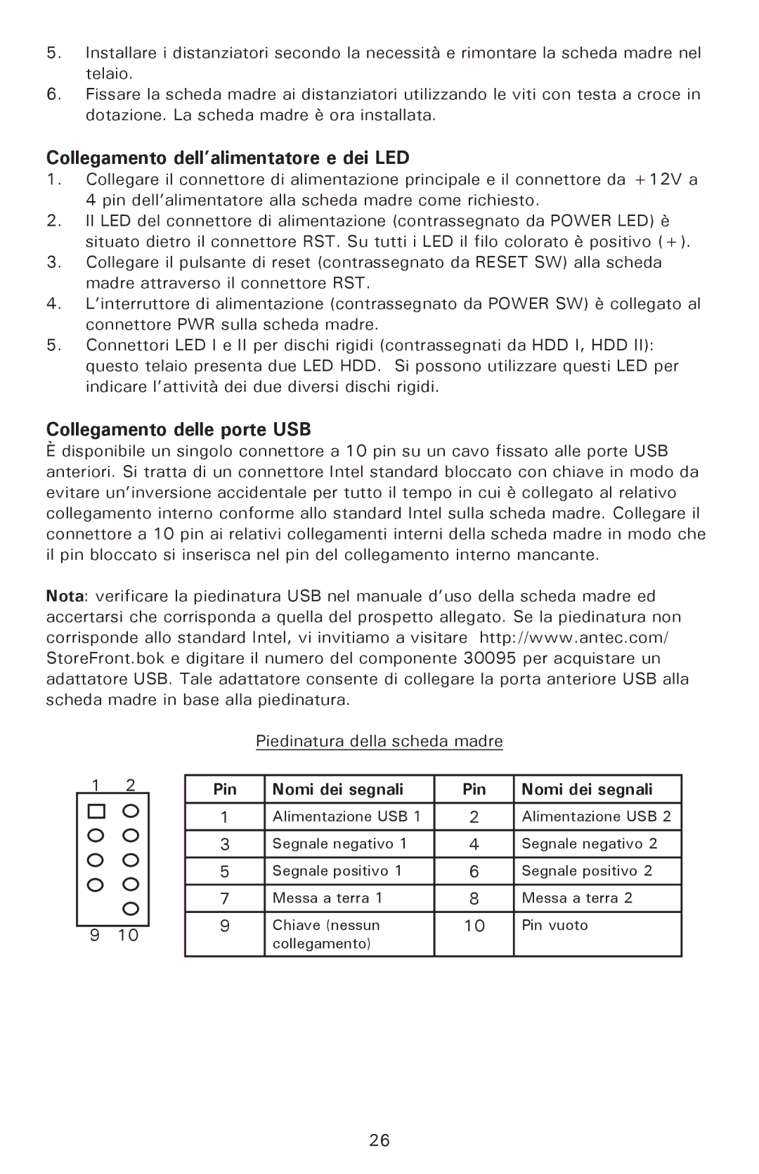 Antec P180, P182SE user manual Collegamento dell’alimentatore e dei LED, Collegamento delle porte USB, Nomi dei segnali Pin 