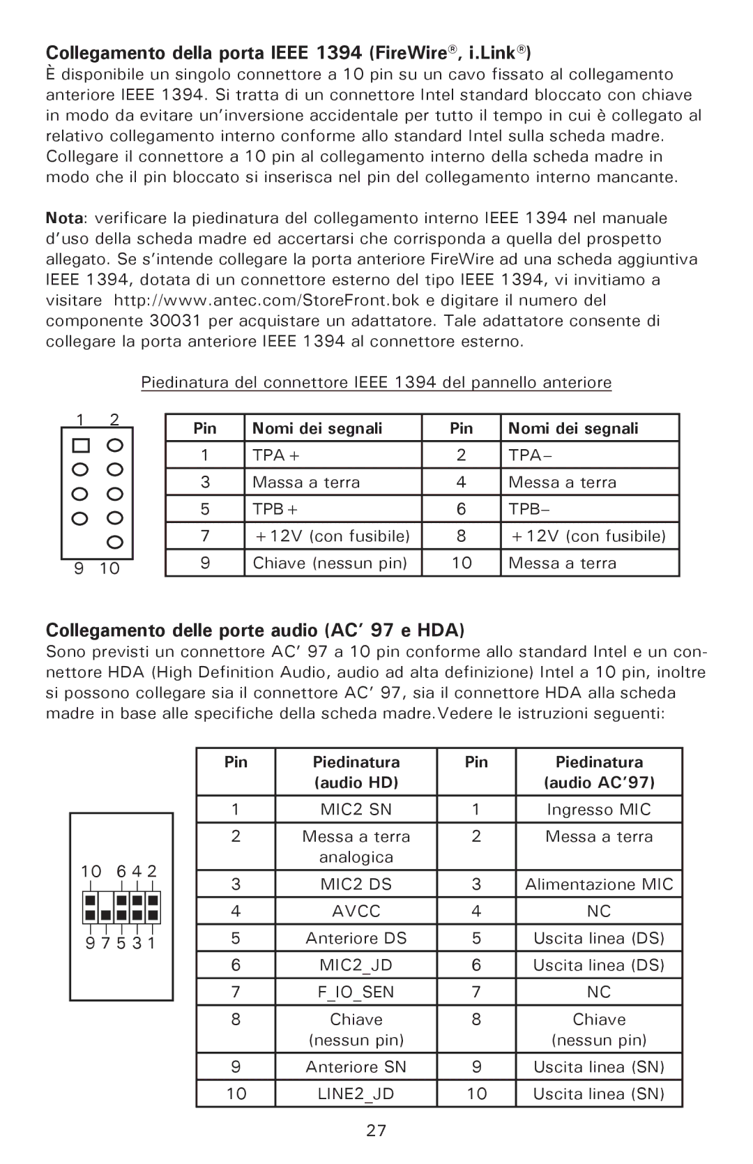 Antec P182SE, P180 Collegamento della porta Ieee 1394 FireWire, i.Link, Collegamento delle porte audio AC’ 97 e HDA 