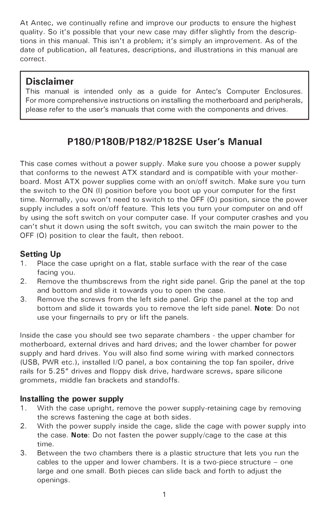 Antec P182SE, P180 user manual Setting Up, Installing the power supply 