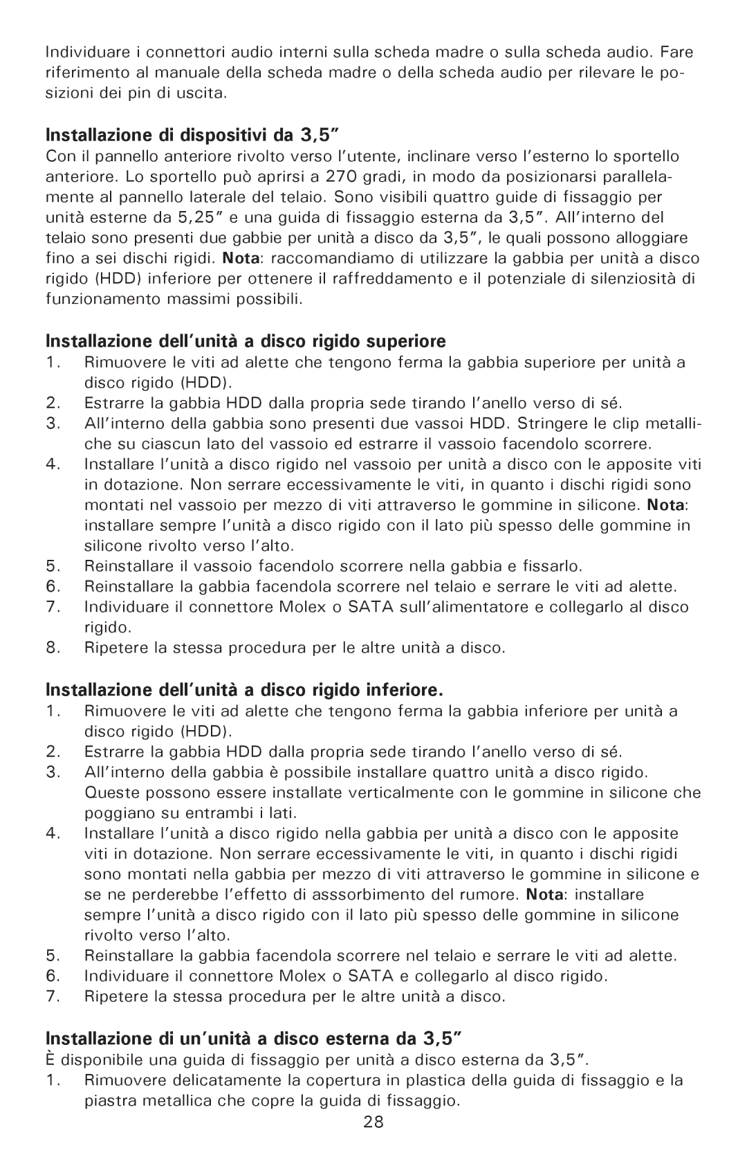 Antec P182SE, P180 user manual Installazione di dispositivi da 3,5, Installazione dell’unità a disco rigido superiore 