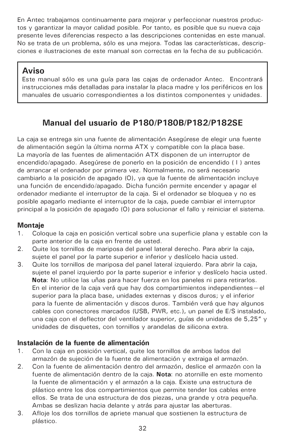 Antec P180, P182SE user manual Montaje, Instalación de la fuente de alimentación 