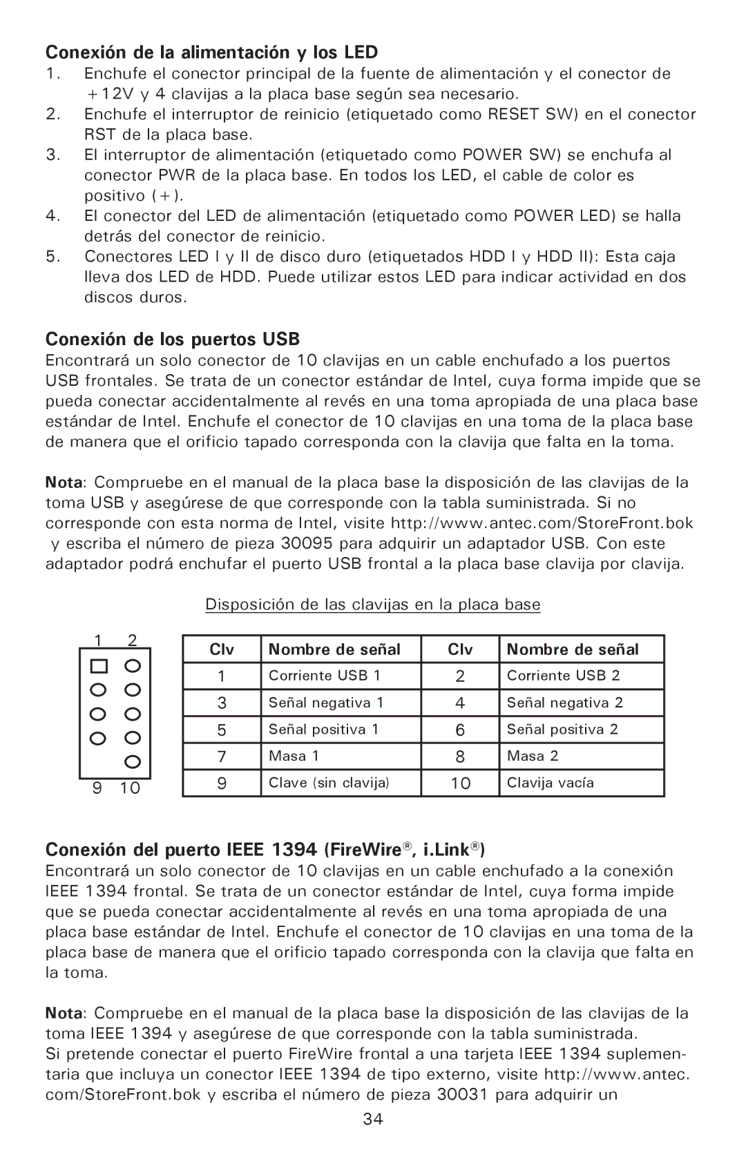 Antec P182SE, P180 user manual Conexión de la alimentación y los LED, Conexión de los puertos USB, Clv Nombre de señal 