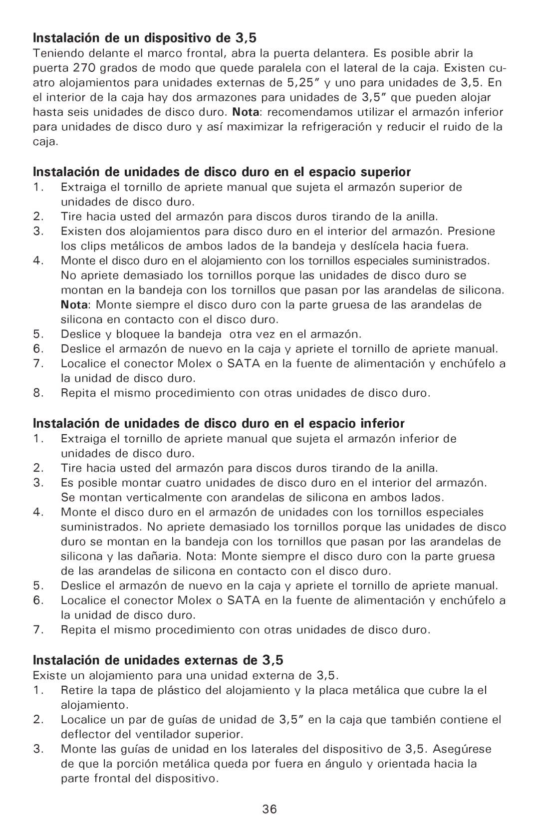 Antec P182SE, P180 user manual Instalación de un dispositivo de 3,5, Instalación de unidades externas de 3,5 