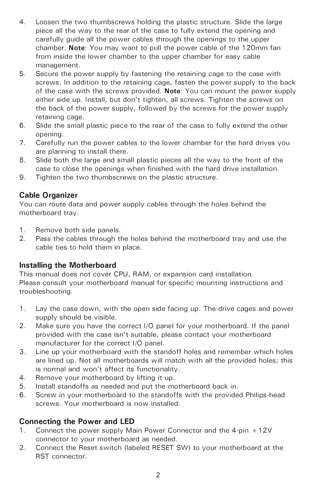 Antec P180, P182SE user manual Cable Organizer, Installing the Motherboard, Connecting the Power and LED 