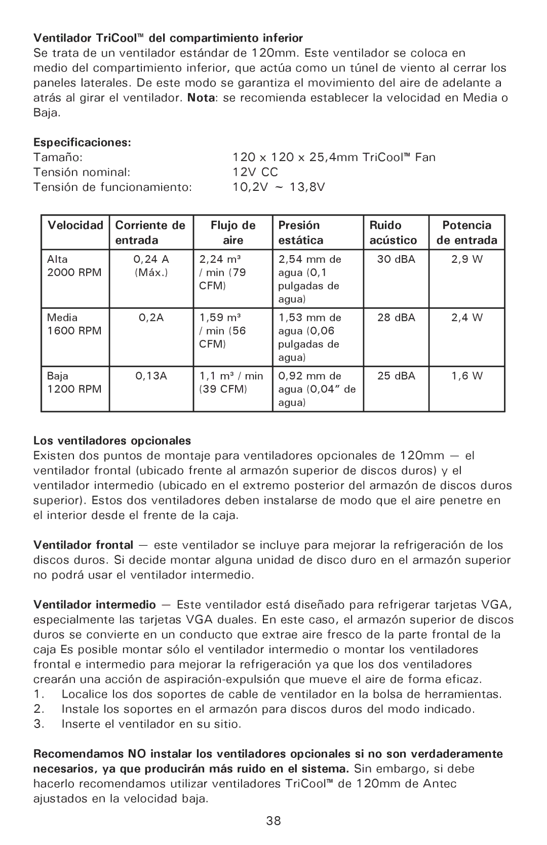 Antec P180, P182SE Ventilador TriCool del compartimiento inferior, Especificaciones, Velocidad, Flujo de Presión Ruido 