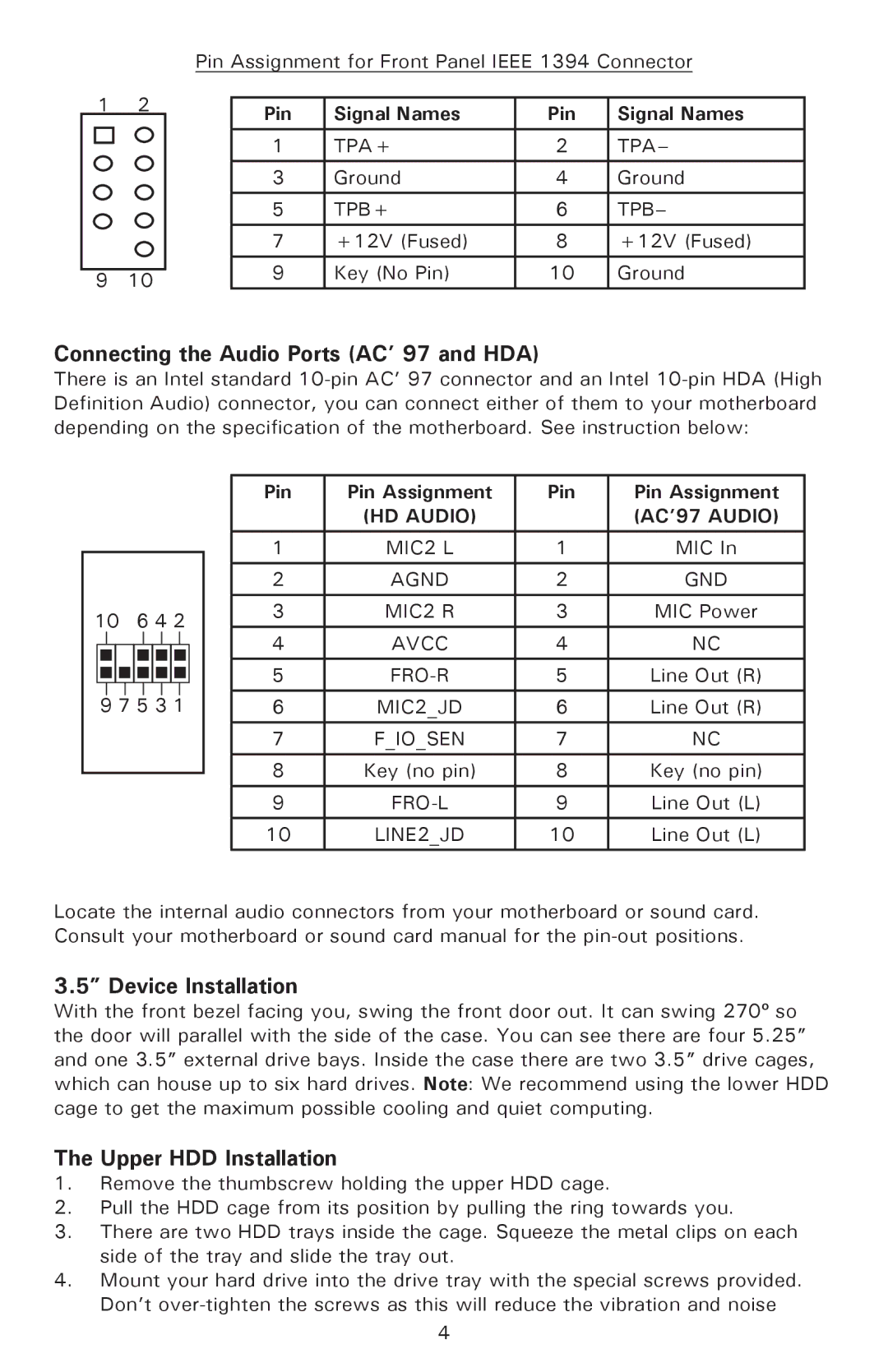 Antec P182SE Connecting the Audio Ports AC’ 97 and HDA, Device Installation, Upper HDD Installation, Pin Pin Assignment 