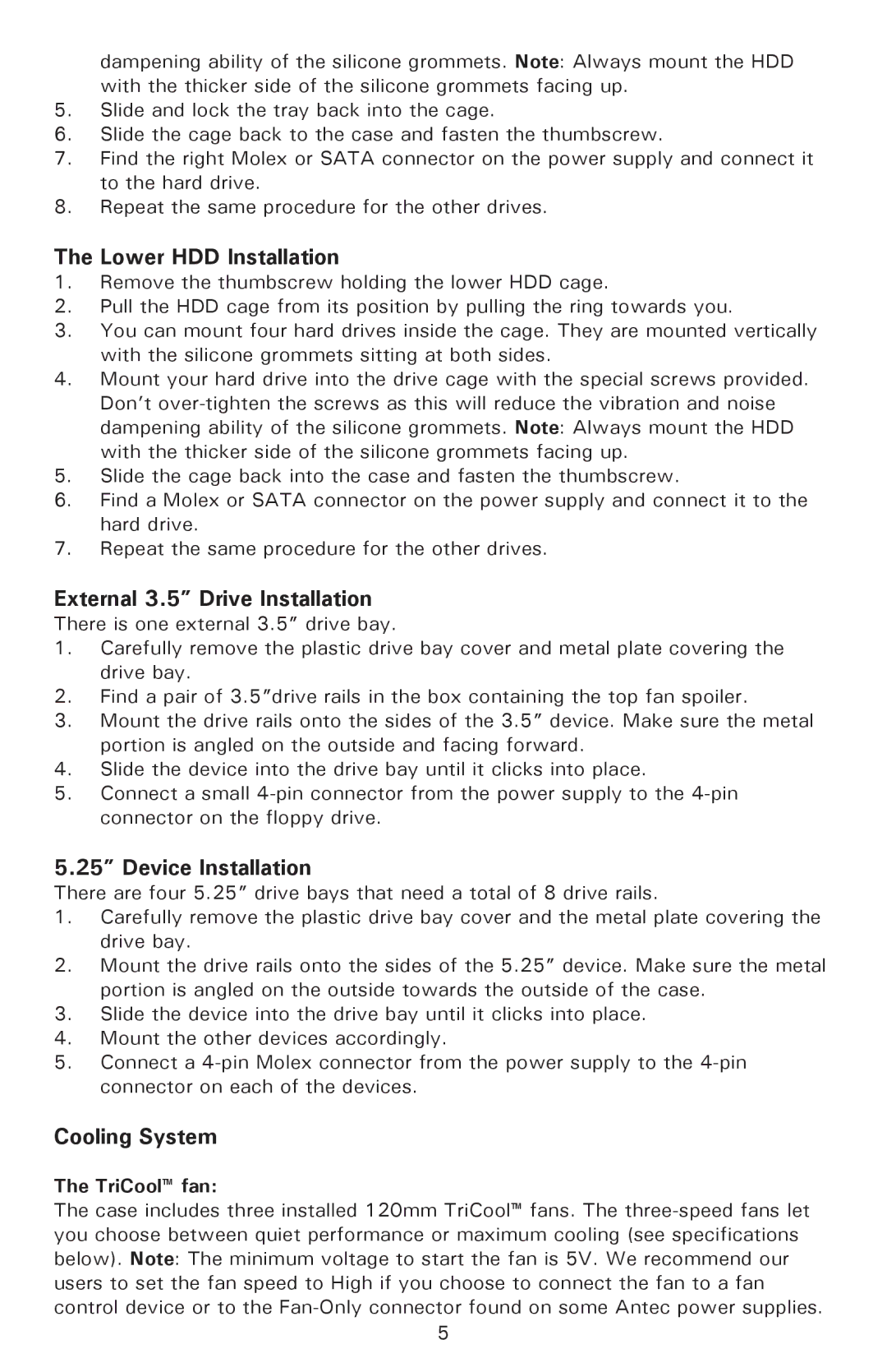 Antec P180, P182SE user manual Lower HDD Installation, External 3.5 Drive Installation, Cooling System, TriCool fan 