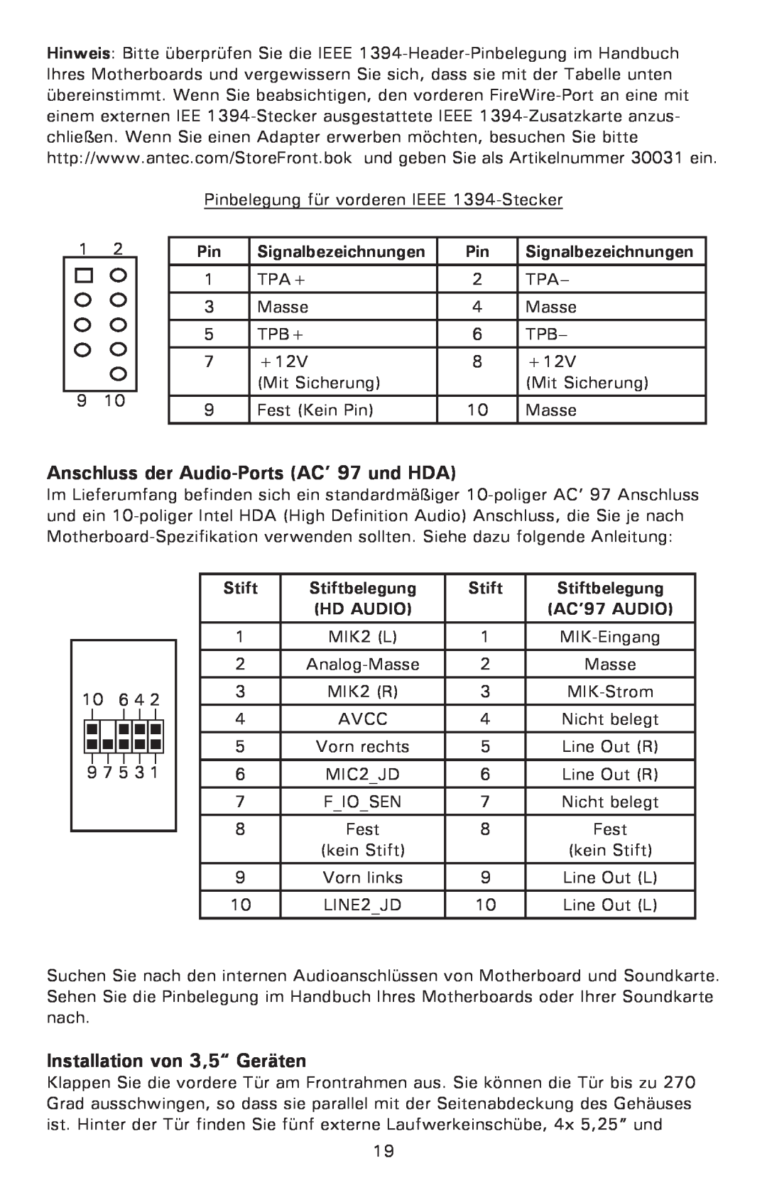 Antec P182SE Anschluss der Audio-Ports AC’ 97 und HDA, Installation von 3,5“ Geräten, Signalbezeichnungen, Stift, Hd Audio 