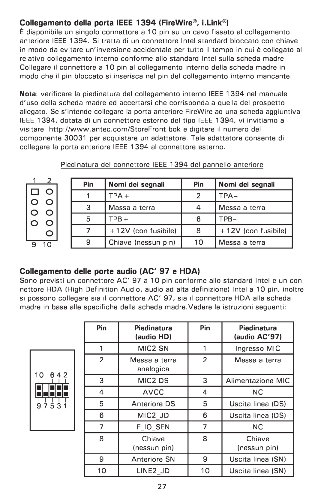 Antec P182 Collegamento della porta IEEE 1394 FireWire, i.Link, Collegamento delle porte audio AC’ 97 e HDA, Piedinatura 