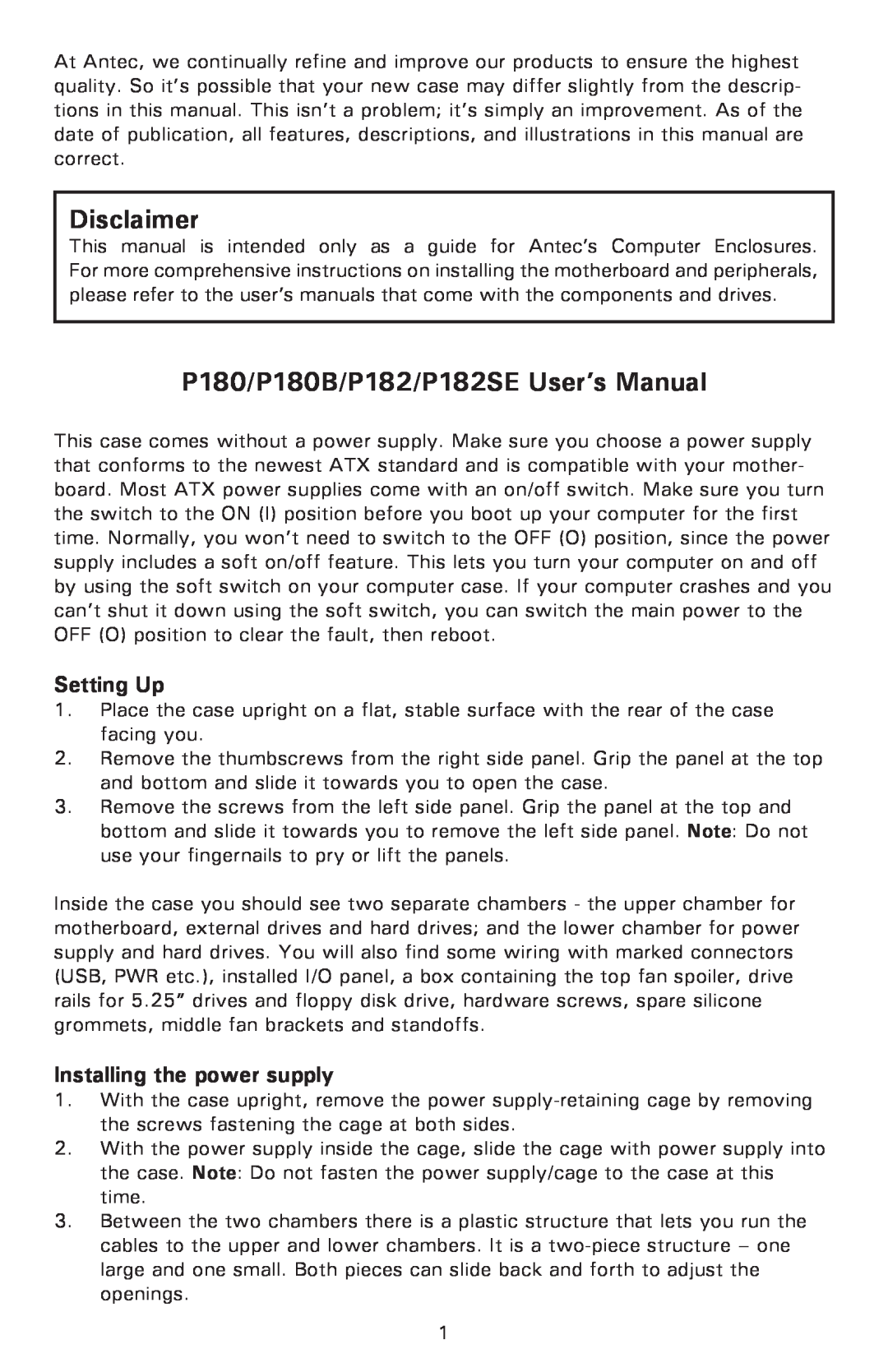 Antec user manual Disclaimer, P180/P180B/P182/P182SE User’s Manual, Setting Up, Installing the power supply 