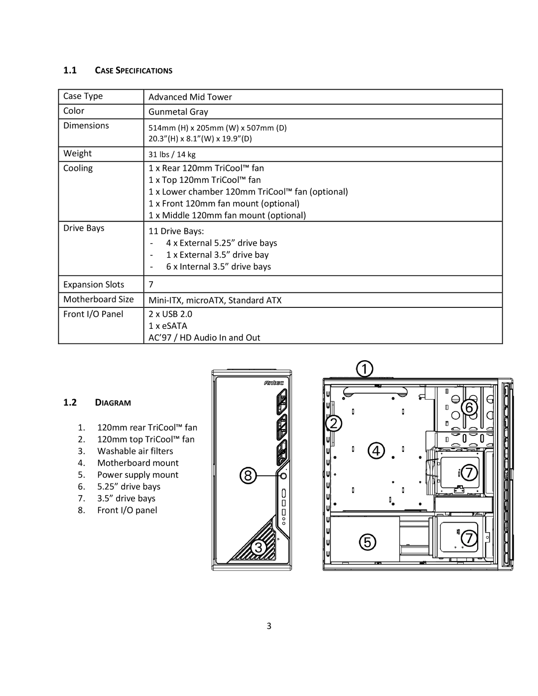 Antec P183 user manual Case Type Advanced Mid Tower Color Gunmetal Gray Dimensions 