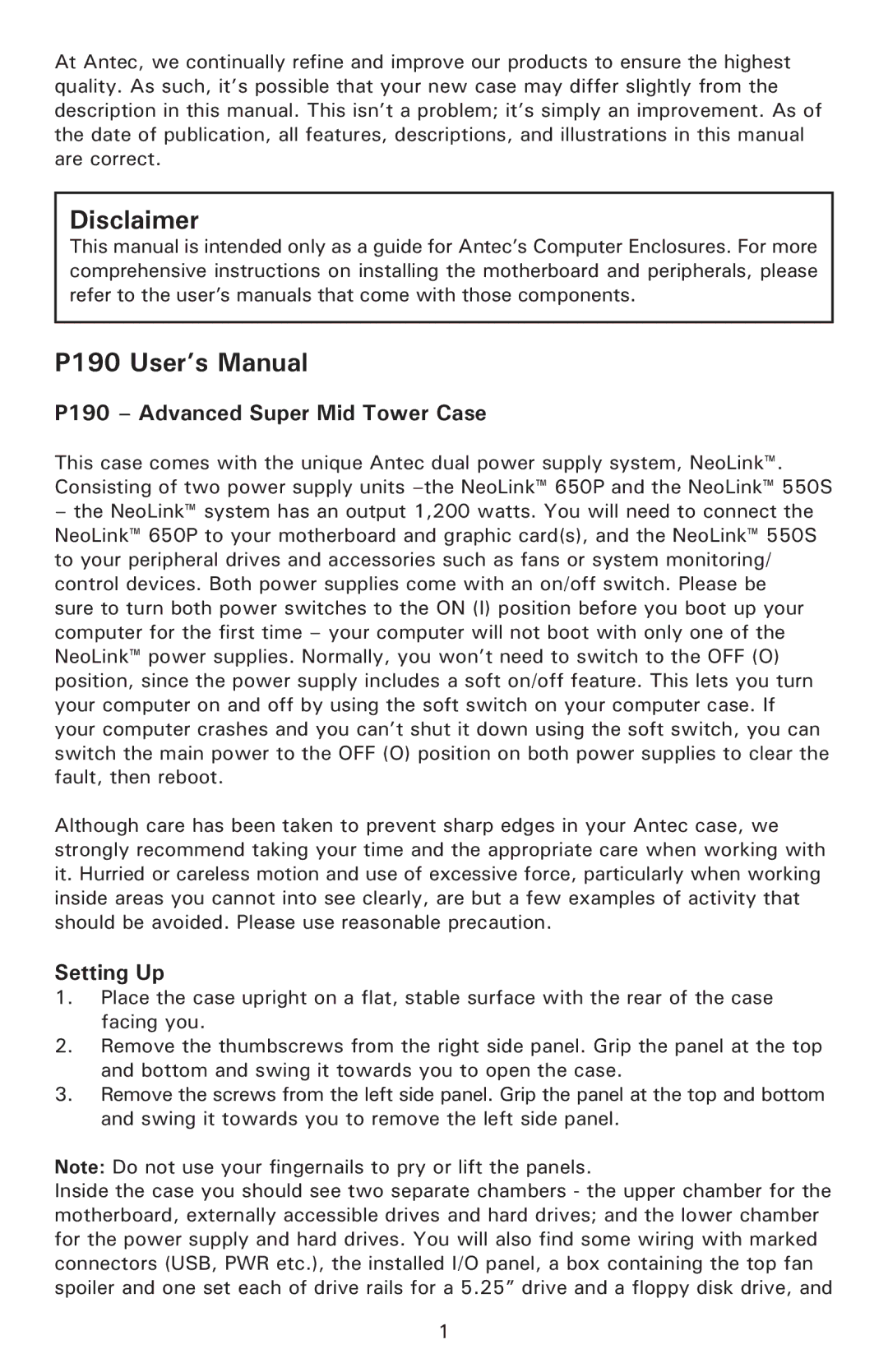 Antec user manual P190 Advanced Super Mid Tower Case, Setting Up 