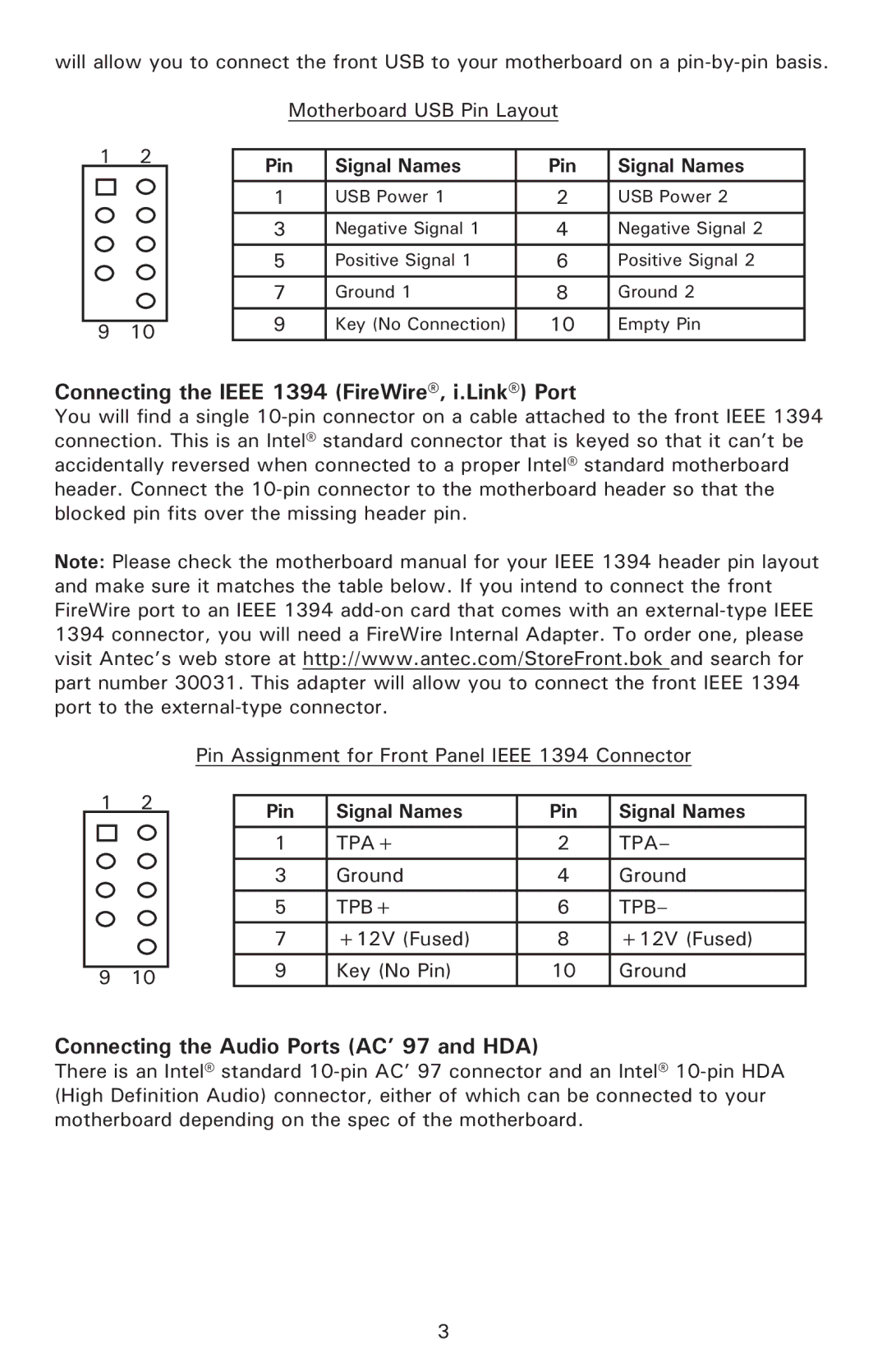 Antec P190 user manual Connecting the Ieee 1394 FireWire, i.Link Port, Connecting the Audio Ports AC’ 97 and HDA 