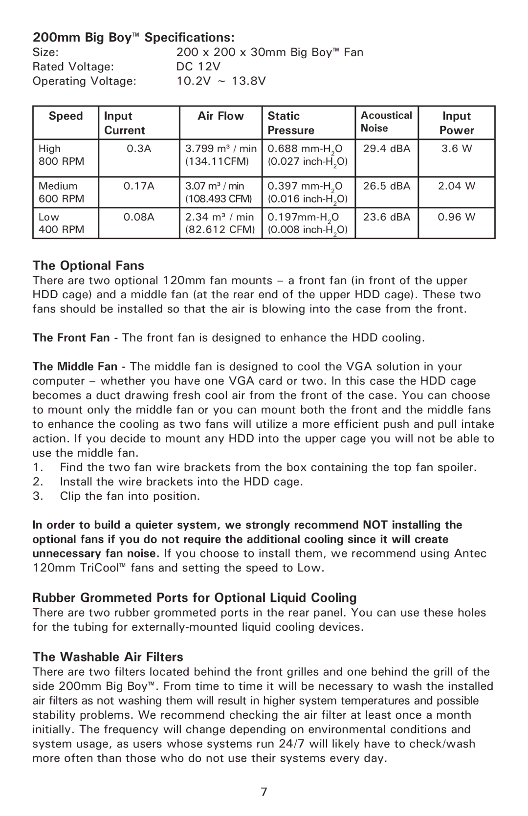 Antec P190 user manual 200mm Big Boy Specifications, Optional Fans, Rubber Grommeted Ports for Optional Liquid Cooling 