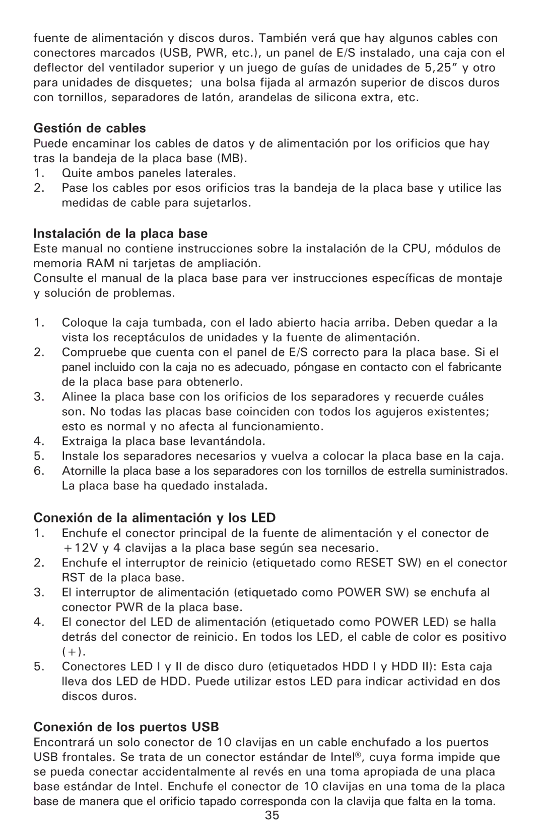 Antec P190 user manual Gestión de cables, Instalación de la placa base, Conexión de la alimentación y los LED 