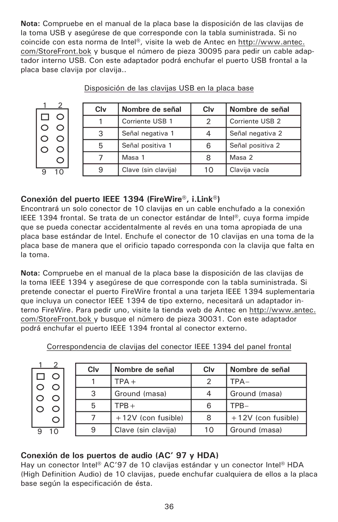 Antec P190 user manual Conexión del puerto Ieee 1394 FireWire, i.Link, Conexión de los puertos de audio AC’ 97 y HDA 