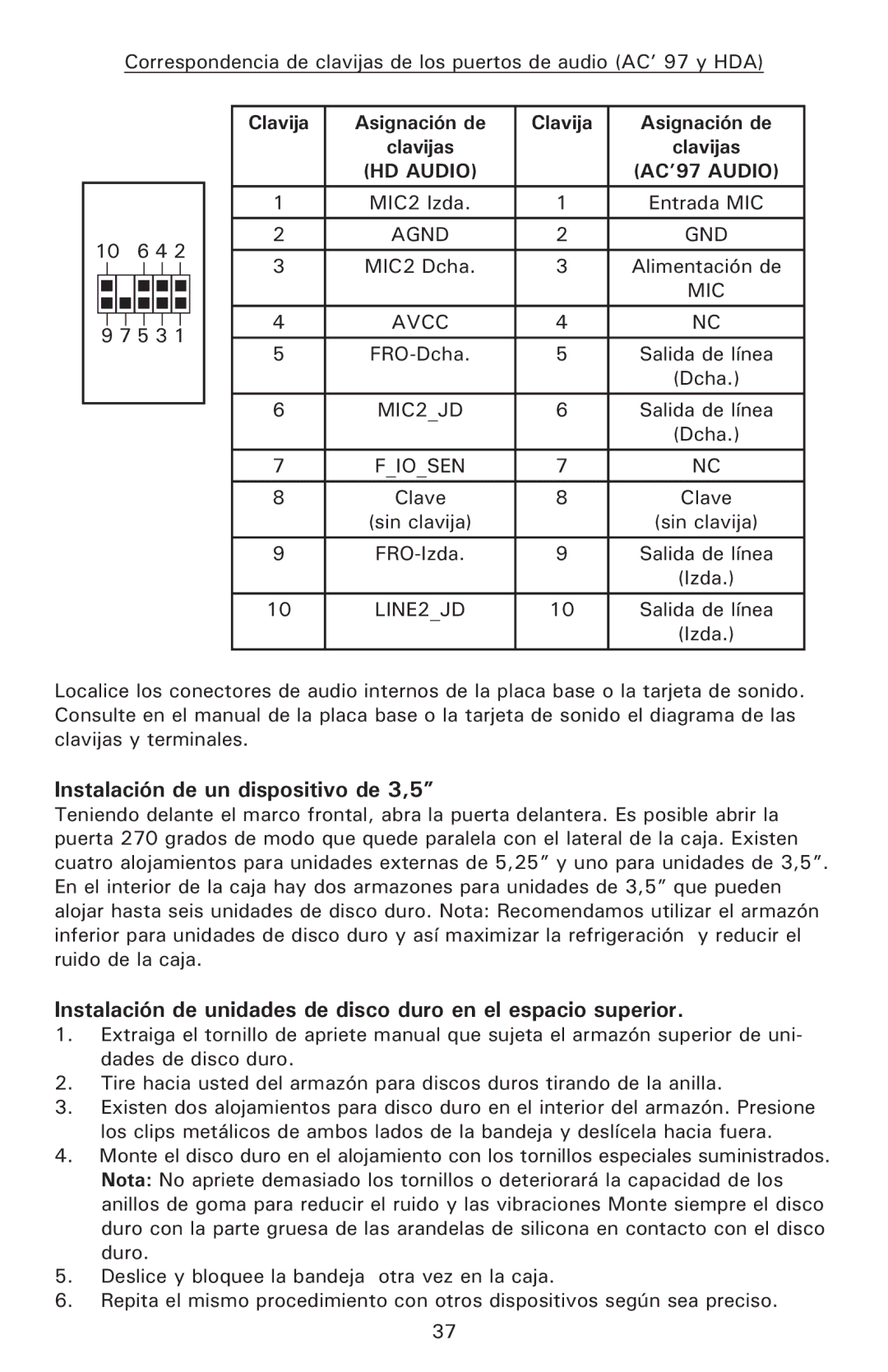 Antec P190 user manual Instalación de un dispositivo de 3,5, Instalación de unidades de disco duro en el espacio superior 