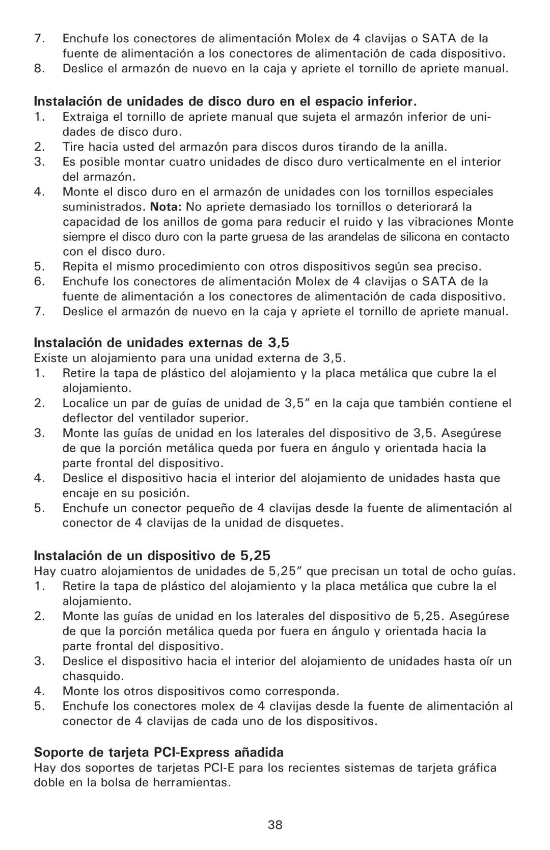 Antec P190 user manual Instalación de unidades externas de 3,5, Instalación de un dispositivo de 5,25 