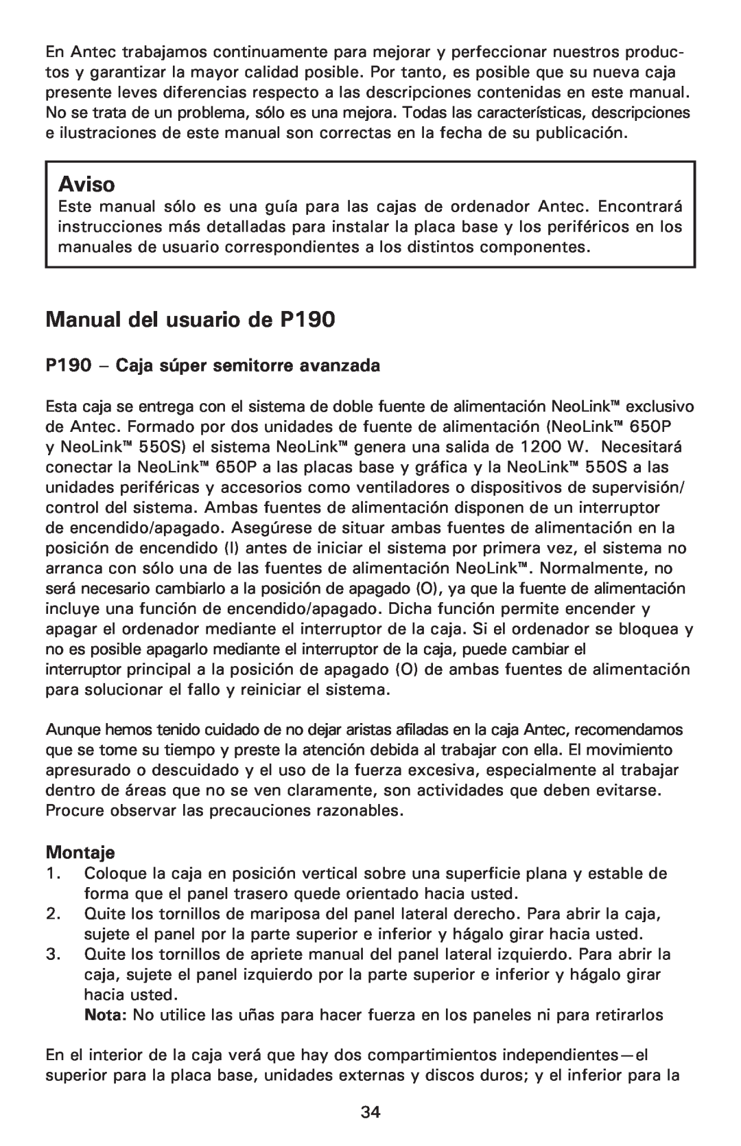 Antec user manual P190 - Caja súper semitorre avanzada, Montaje, Aviso, Manual del usuario de P190 