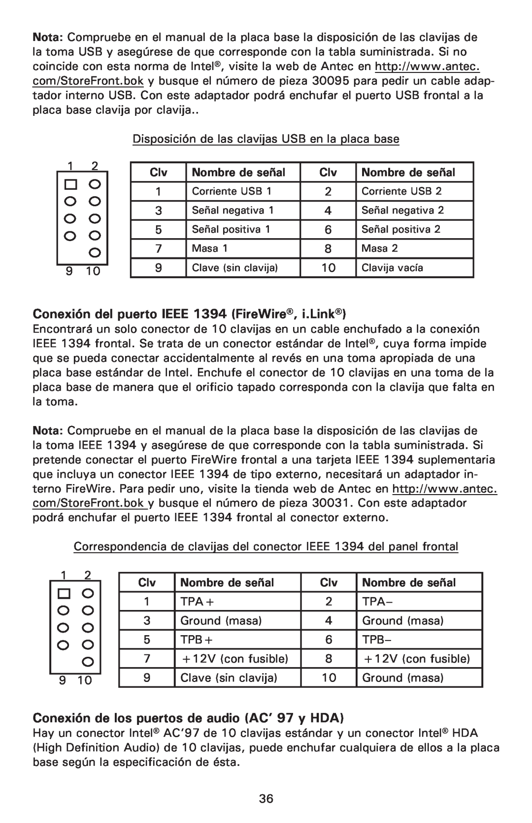 Antec P190 Conexión del puerto IEEE 1394 FireWire, i.Link, Conexión de los puertos de audio AC’ 97 y HDA, Nombre de señal 